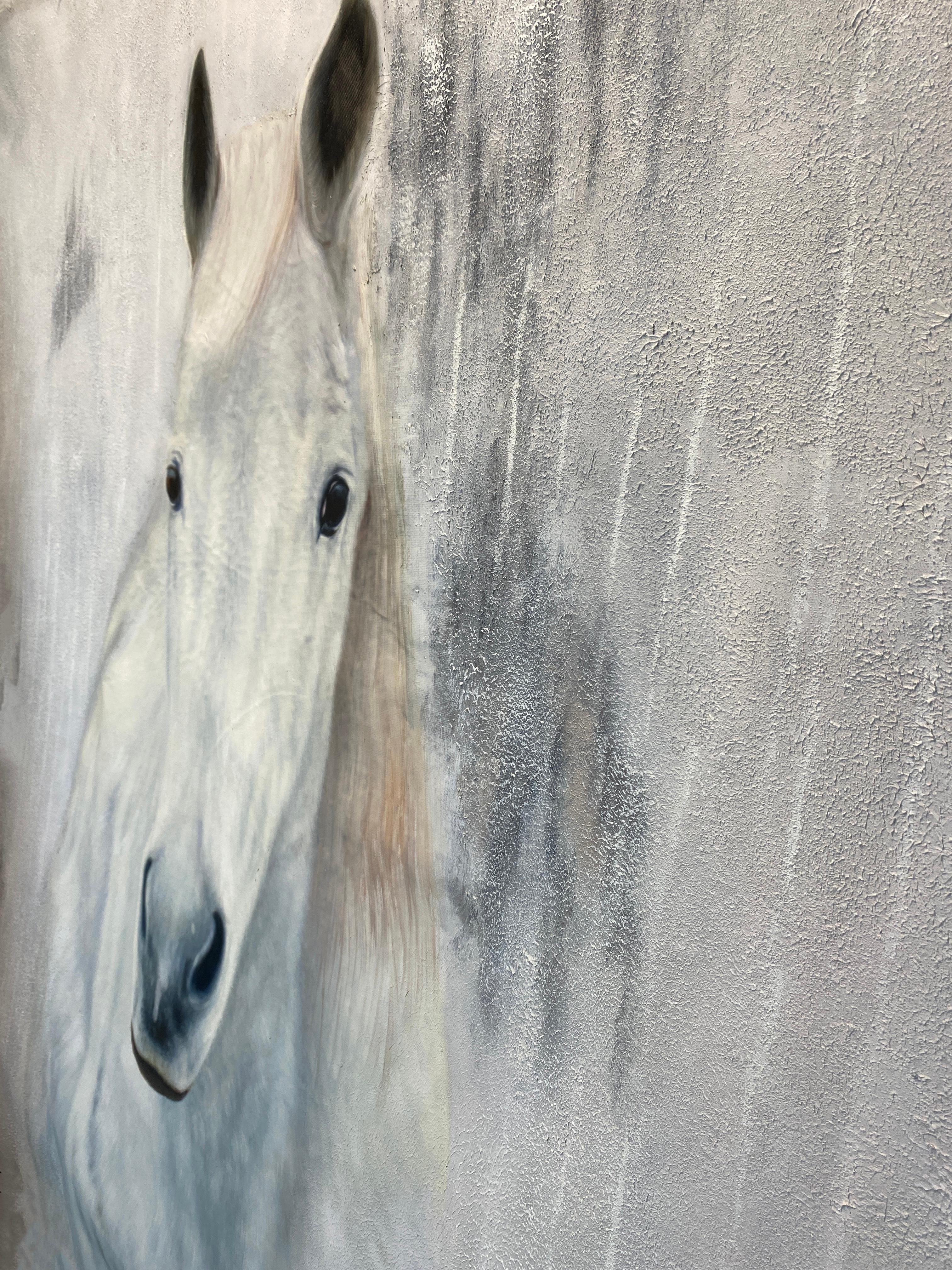 White Western Horse Oil Painting on Canvas 50Hx72W Horse Portrait Art For Sale 1