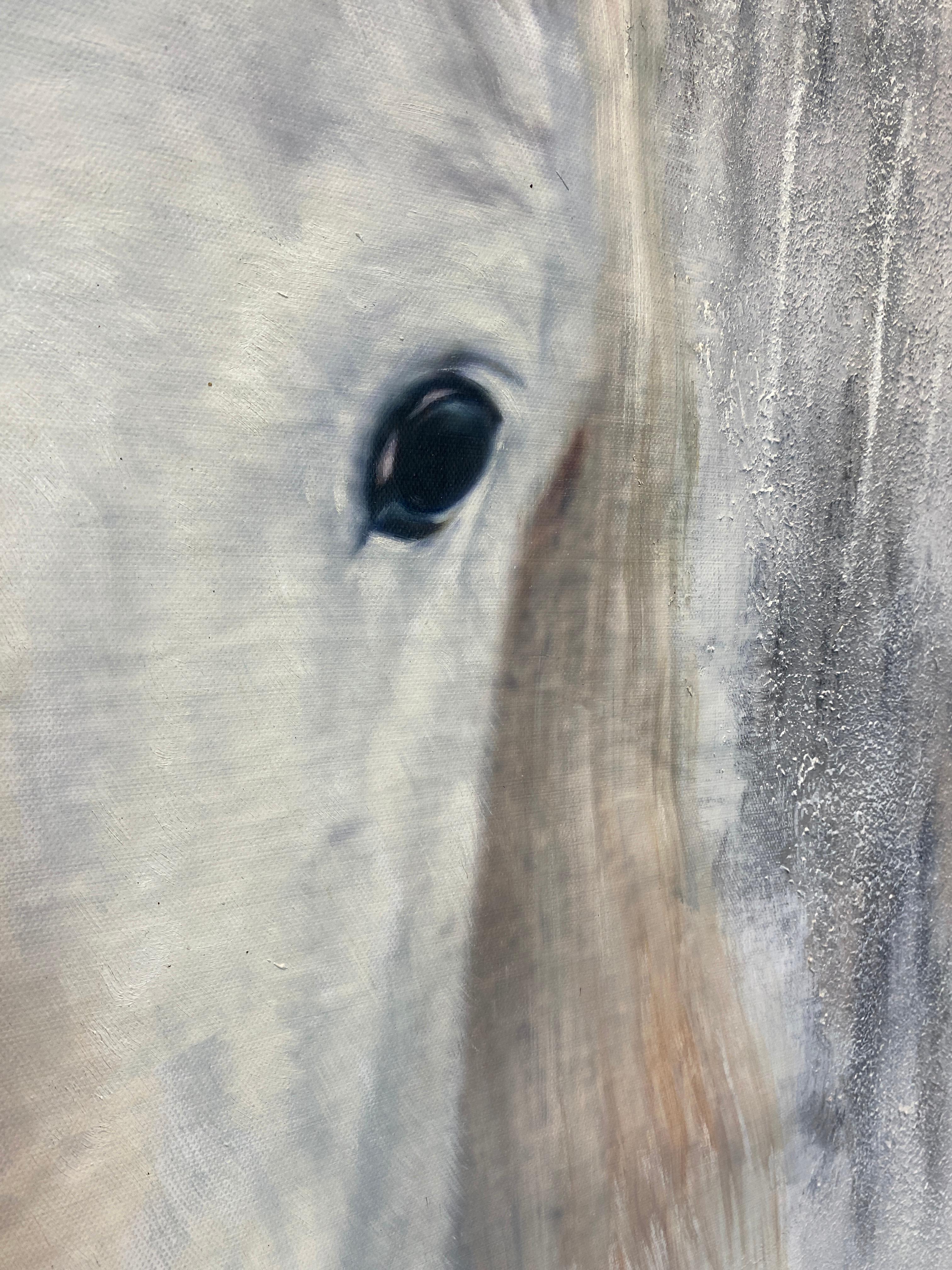 Caballo Blanco Western Pintura al Óleo sobre Lienzo 50Hx72W Retrato de Caballo Arte en venta 2