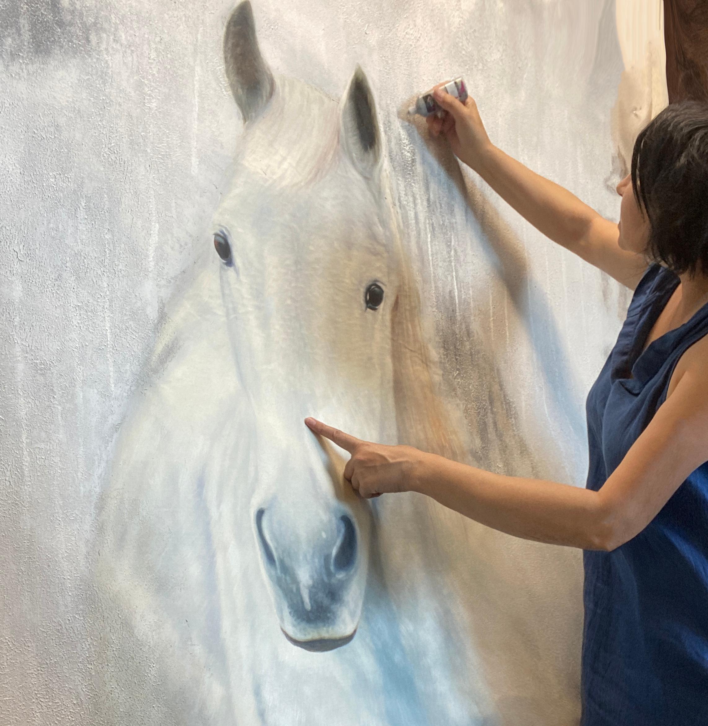 White Western Horse Oil Painting on Canvas 50Hx72W Horse Portrait Art For Sale 3