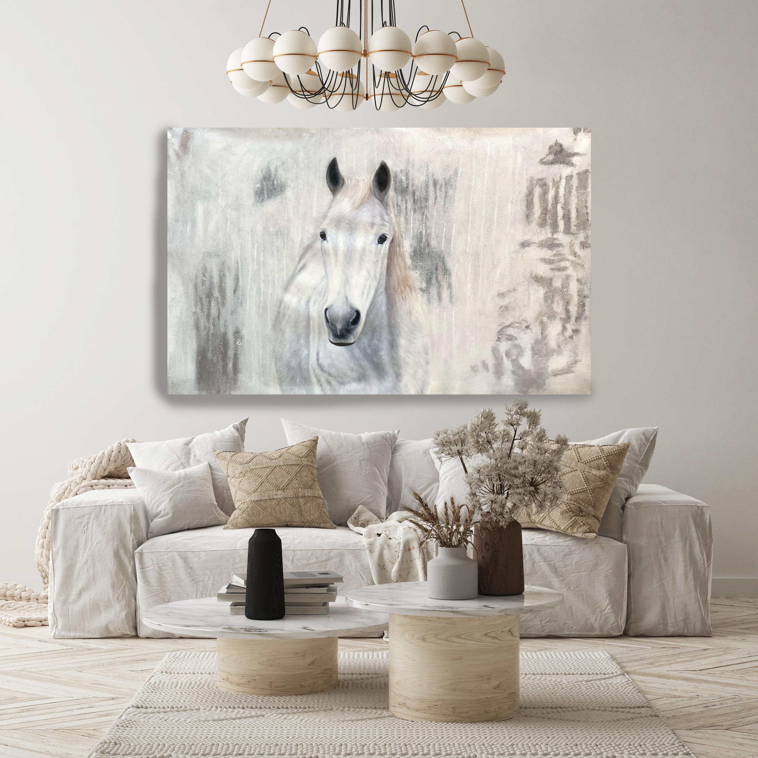 Irena Orlov Animal Painting – Weißes Westernpferd Ölgemälde auf Leinwand 50Hx72W Pferdeportrait Kunst