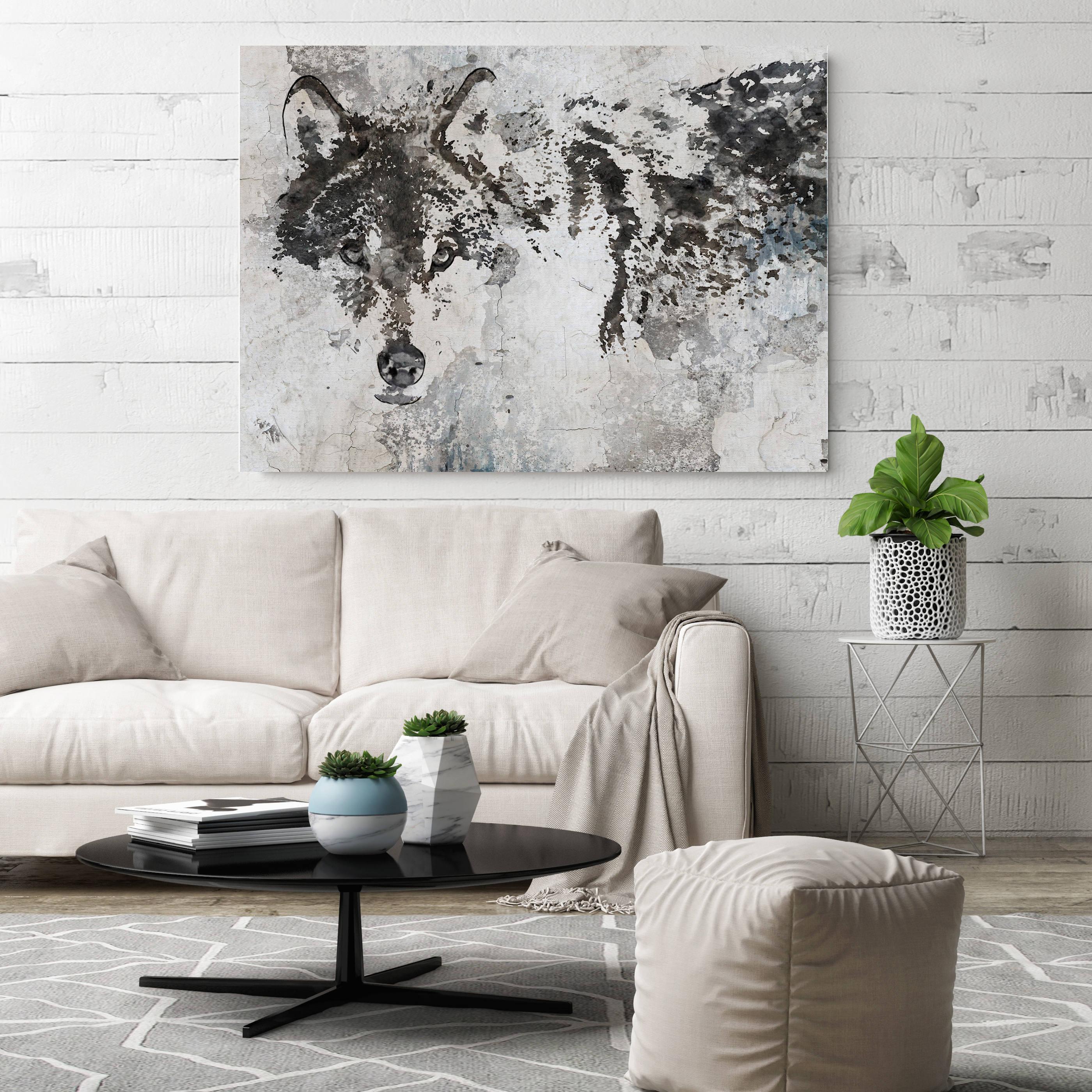 Wolf Rustic Painting Hand Embellished Textured Giclee on Canvas, 60