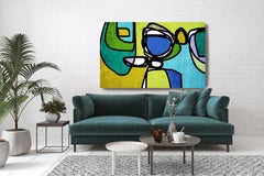Blue Green Mid Century Modern Artwork Giclee su tela impreziosita a mano