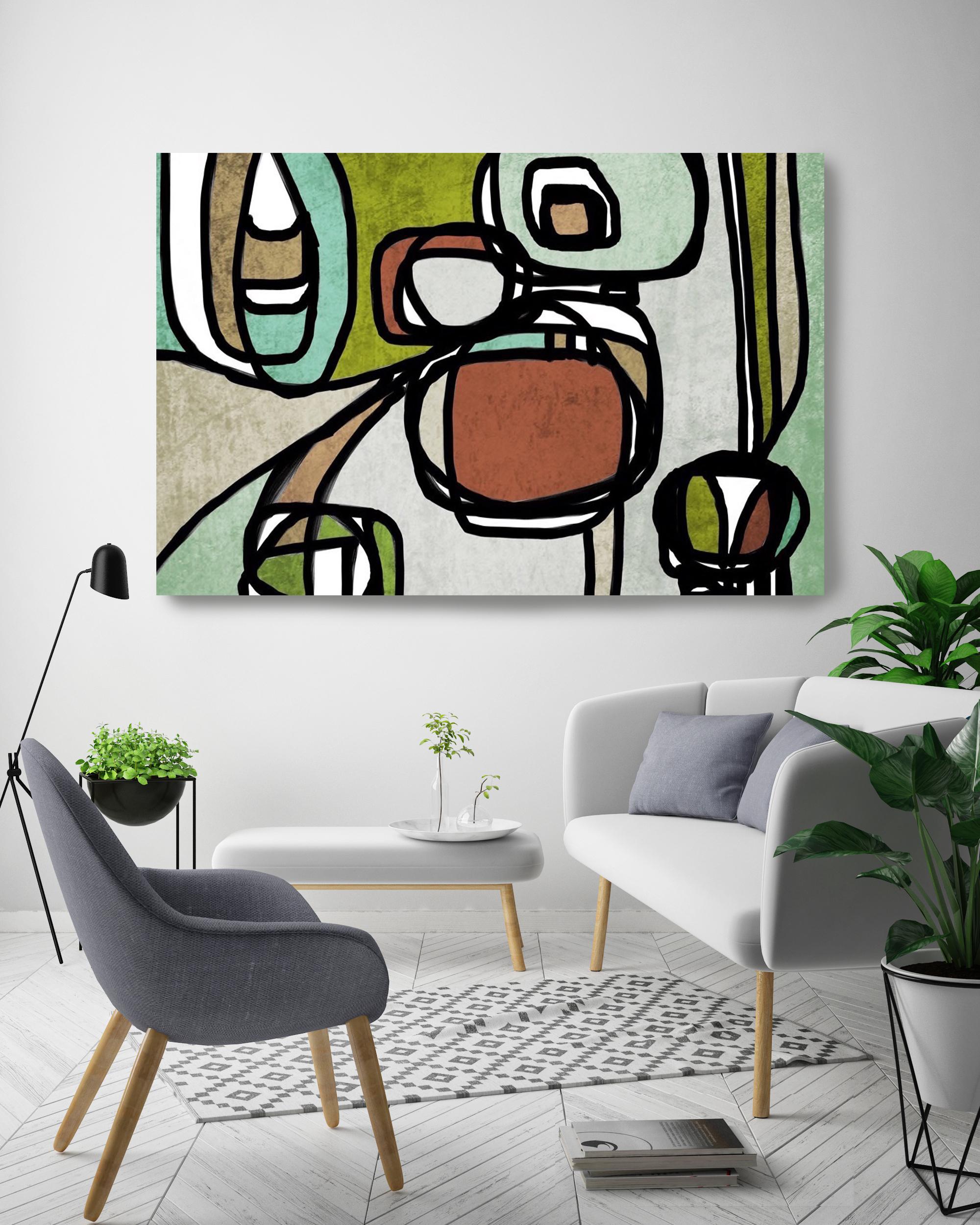 Mid Century Modern Green Brown Hand Embellished Giclee on Canvas 48