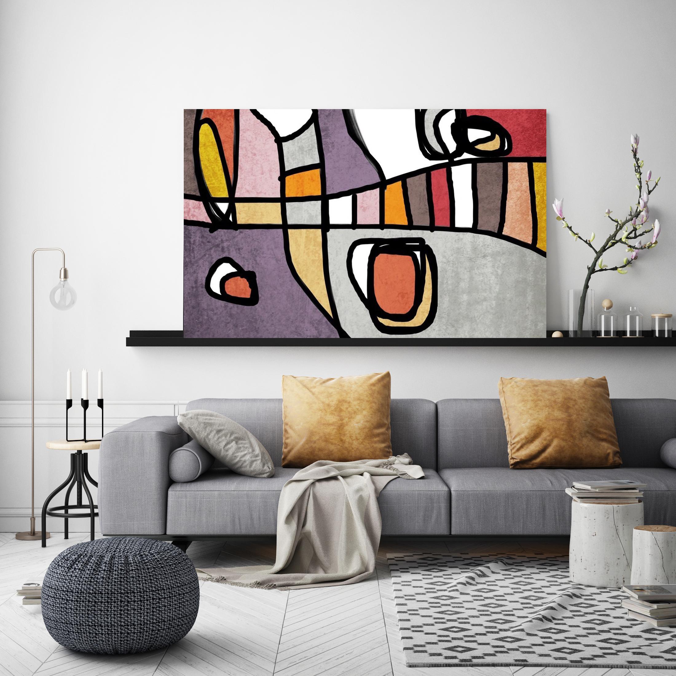 Mid Century Modern Lila Grau Mixed Media auf Leinwand 36 x 48""