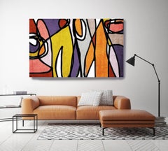 Mid Century Purple Yellow Modern Painting Hand Embellished Giclee on Canvas