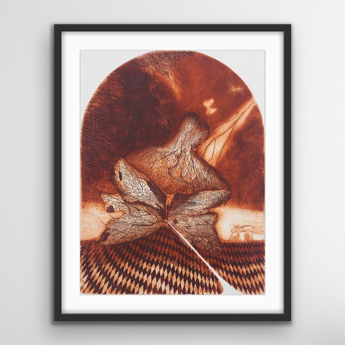 Butterfly's tragedy - XX Century, Abstract Etching Print, Monochromatic - Brown Still-Life Print by Irena Snarska