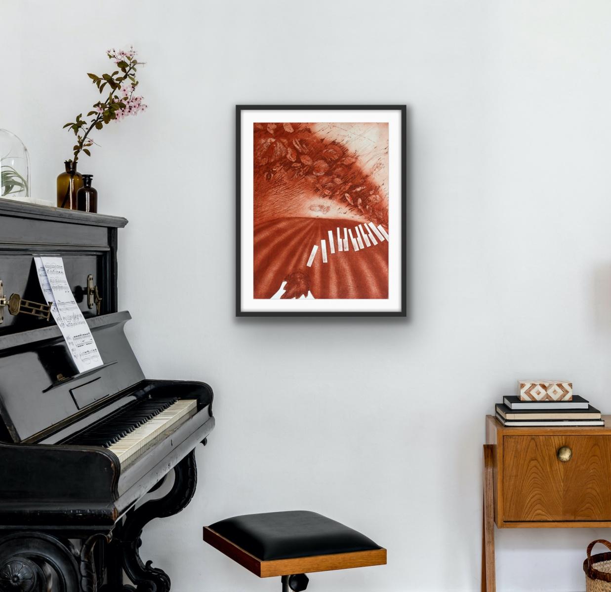 La mazurka di Chopin - XX secolo, Stampa acquaforte astratta, Monocromatico, Tasti di pianoforte - Abstract Print Marrone di Irena Snarska