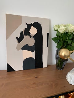Original Painting Beige with a cat Abstract Minimalistic Portrait