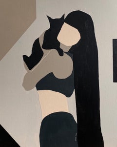 Original Painting Beige with a cat Abstract Minimalistic Portrait