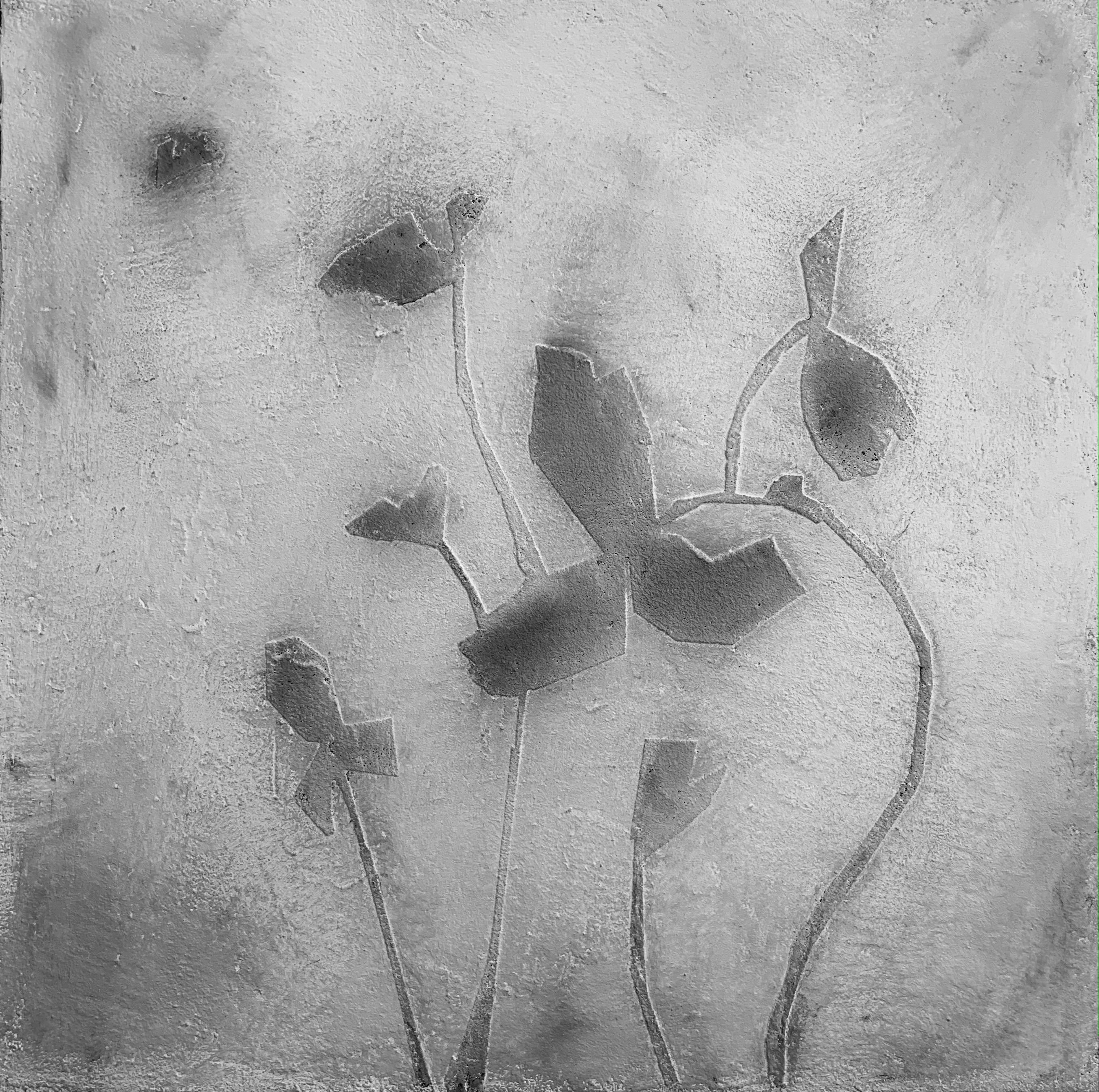 IRENA TONE Abstract Painting - Butterfly Flowers Abstract Volumed Textured Black Painting
