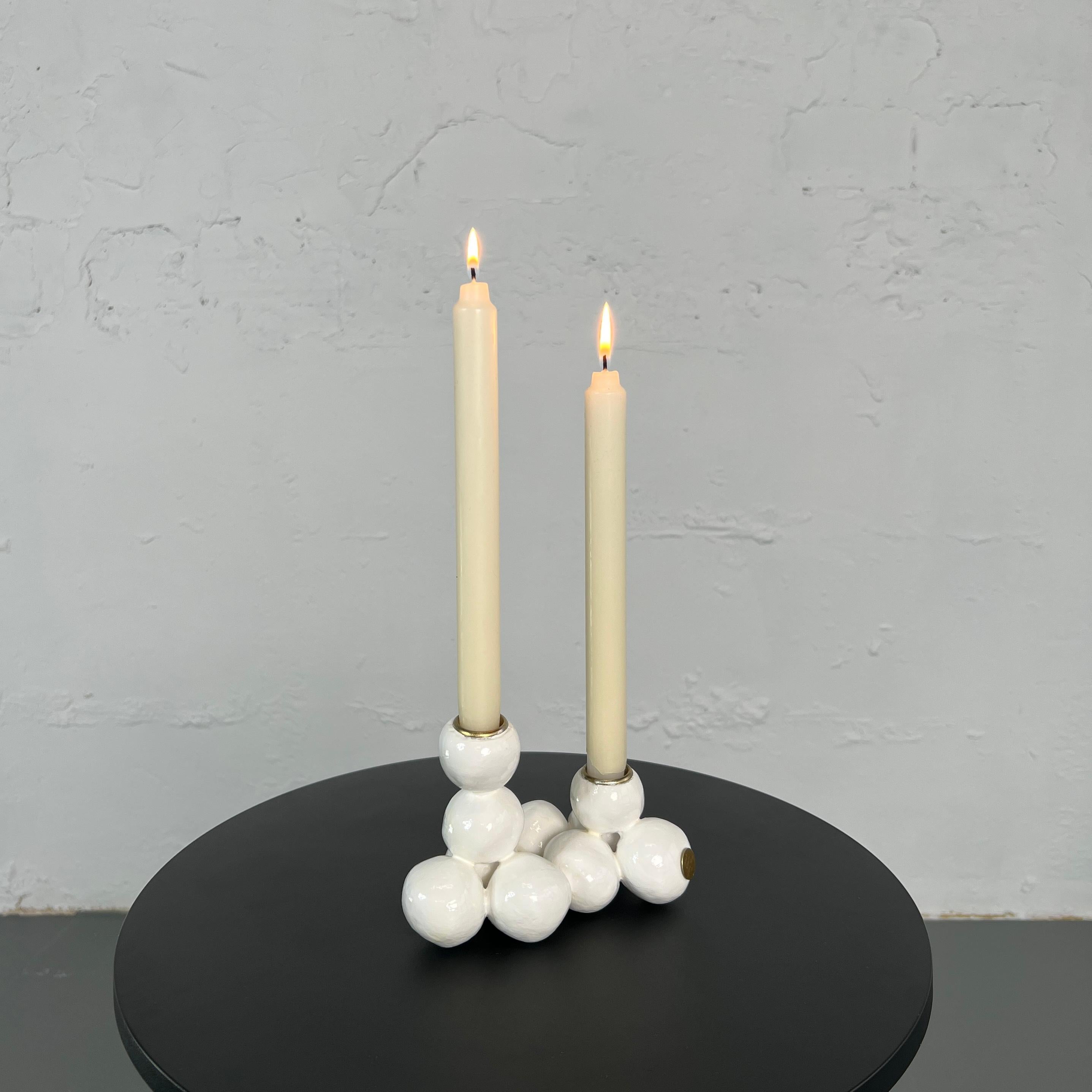 IRENA TONE Abstract Sculpture - Arty White Candleholder "Small Pearls" for 2 Candles Sphere Original Sculpture