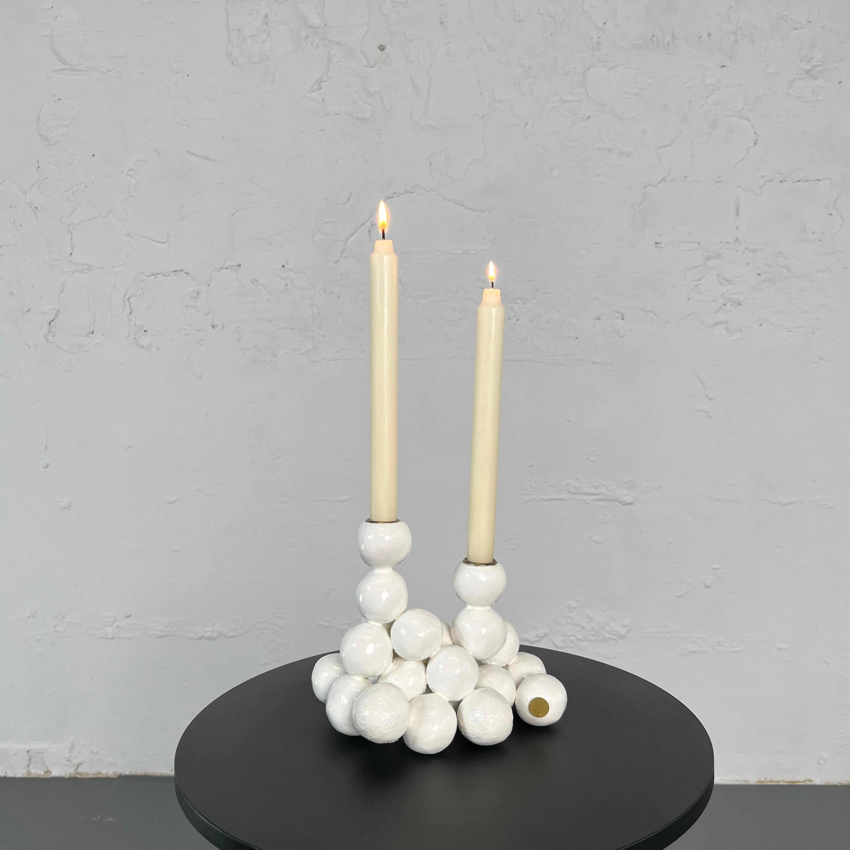 IRENA TONE Abstract Sculpture - Arty White Candleholder "Textures Pearls" for 2 Candles Sphere Original Sculptur