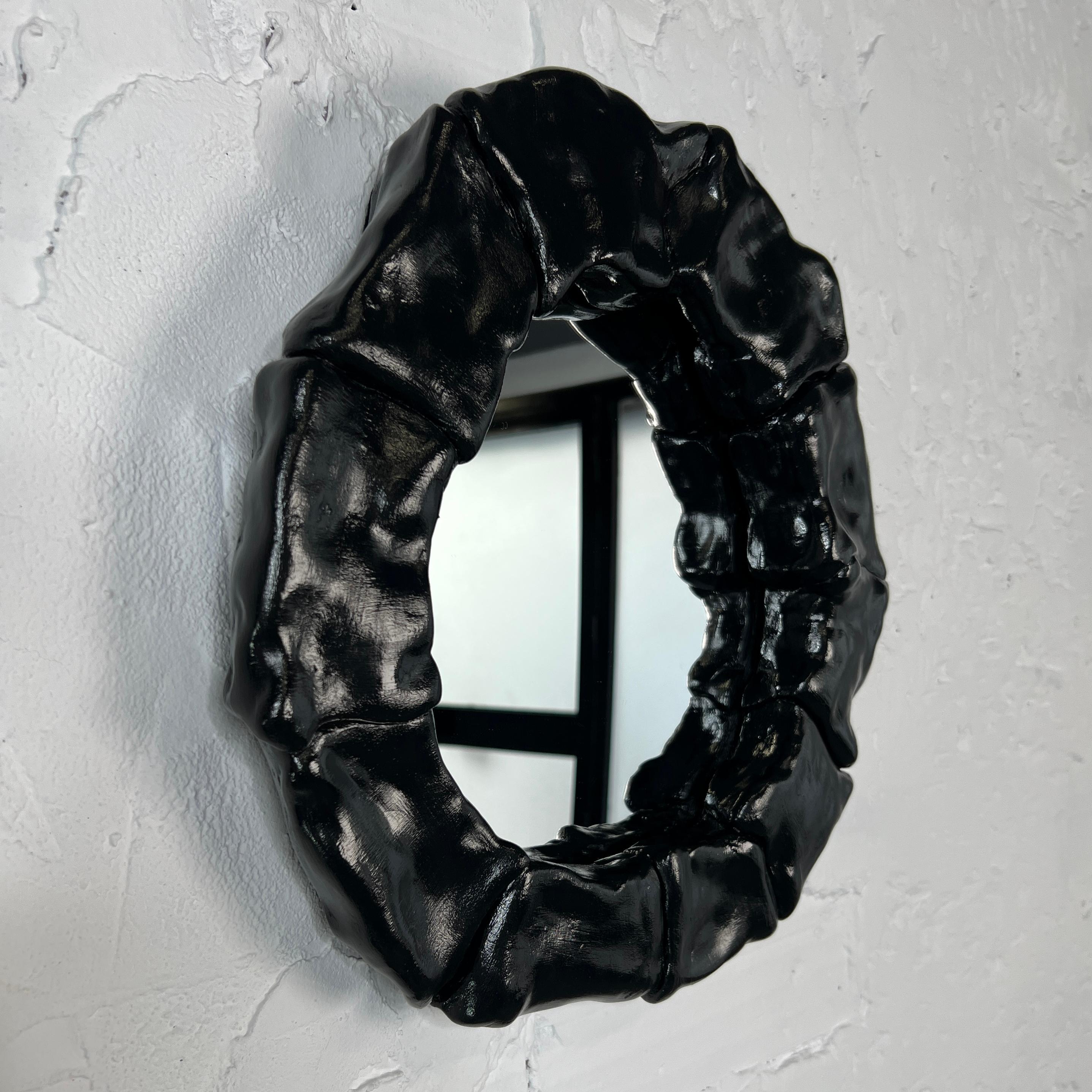 IRENA TONE Figurative Sculpture - "Black Leather Pillow Effect" Mirror Original Art