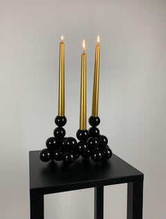 Kerzenhalter für 3 Kerzenkugel-Skulptur aus Stahl, schwarz, abstrakt, minimalistisch 
