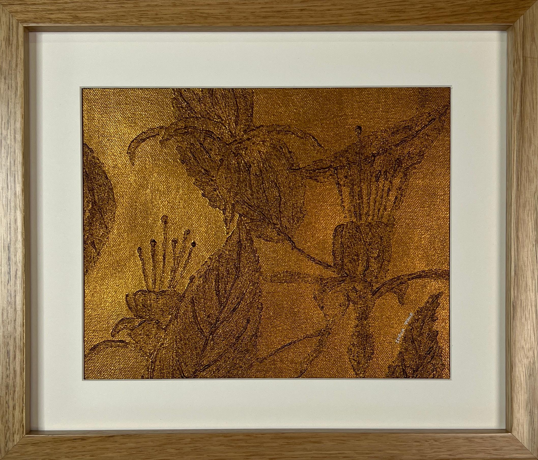 Golden tropical flowers Original wall art supported by frame