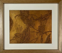 Golden tropical flowers Original wall art supported by frame