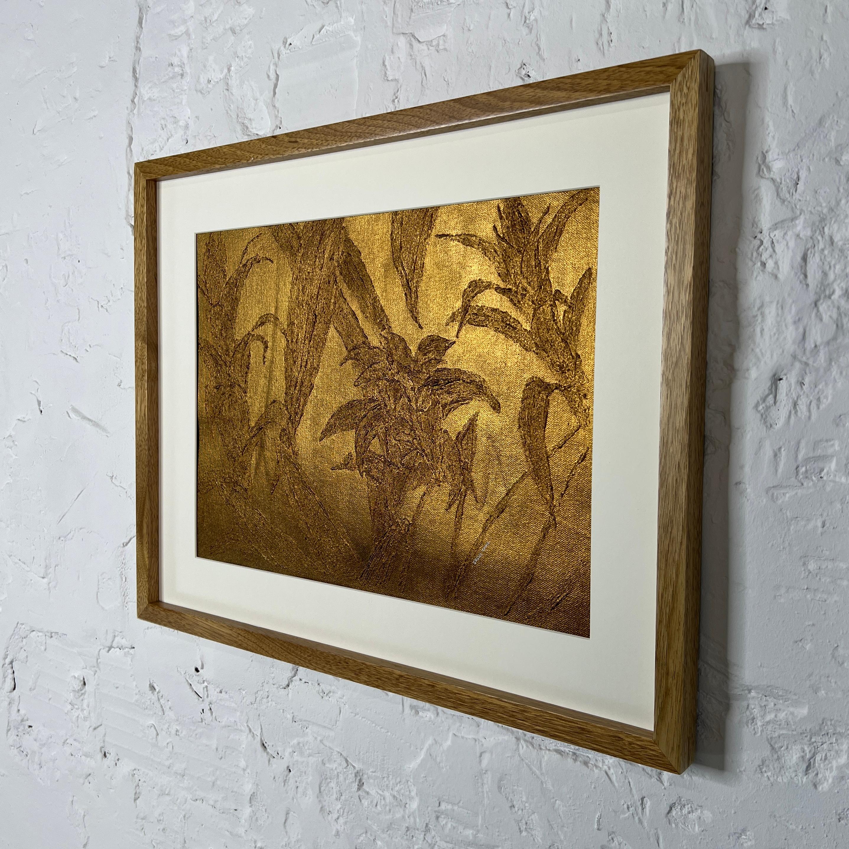 Golden tropical 1 Acrylic Original wall art supported by frame For Sale 1