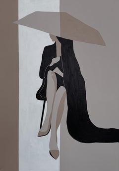 Umbrella in Black and Beige Woman Abstract Minimalistic Portrait
