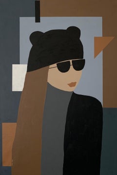 Fashion is my profession, abstract minimalist woman portrait in hat, sunglasses