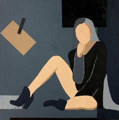 Thinking of..., abstract minimalist woman portrait in beige, dark blue and black