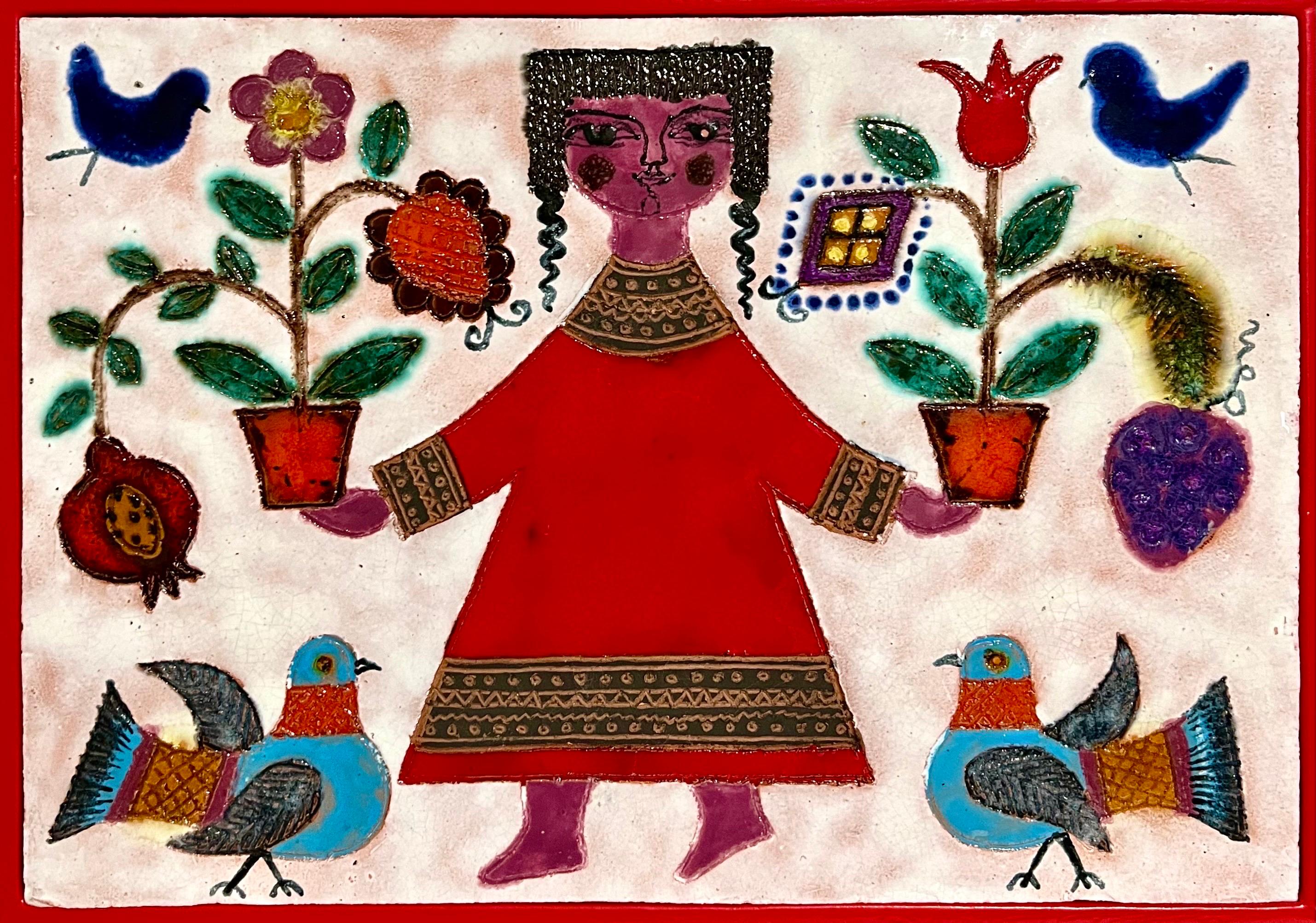 Plaque en céramique émaillée Girl & Plants de l'artiste israélien Awret Naive Folk Art - Painting de Irene Awret