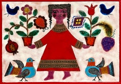 Girl & Plants Enamel Glazed Ceramic Plaque Israeli Artist Awret Naive Folk Art