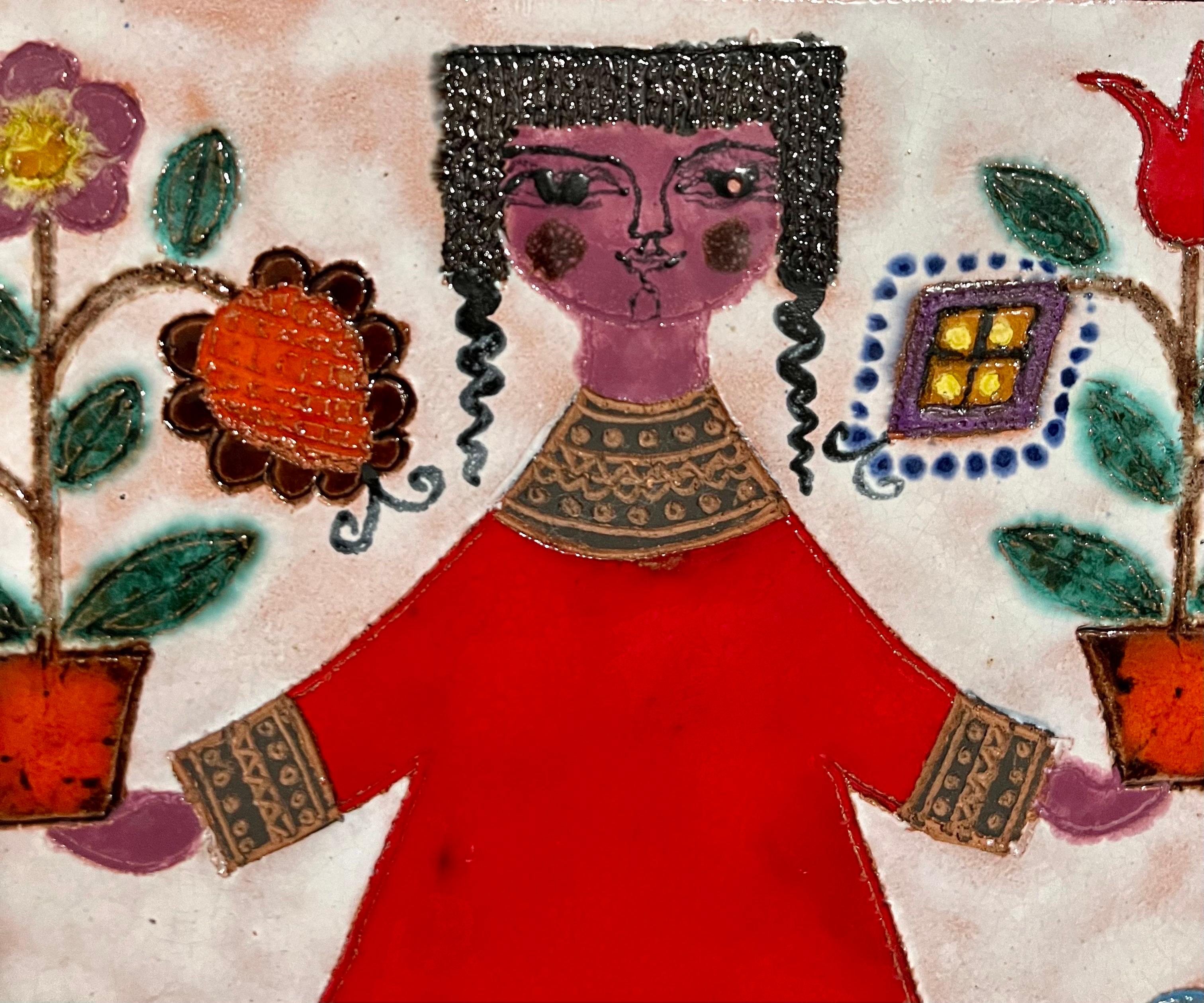 Plaque en céramique émaillée Girl & Plants de l'artiste israélien Awret Naive Folk Art - Expressionniste Painting par Irene Awret