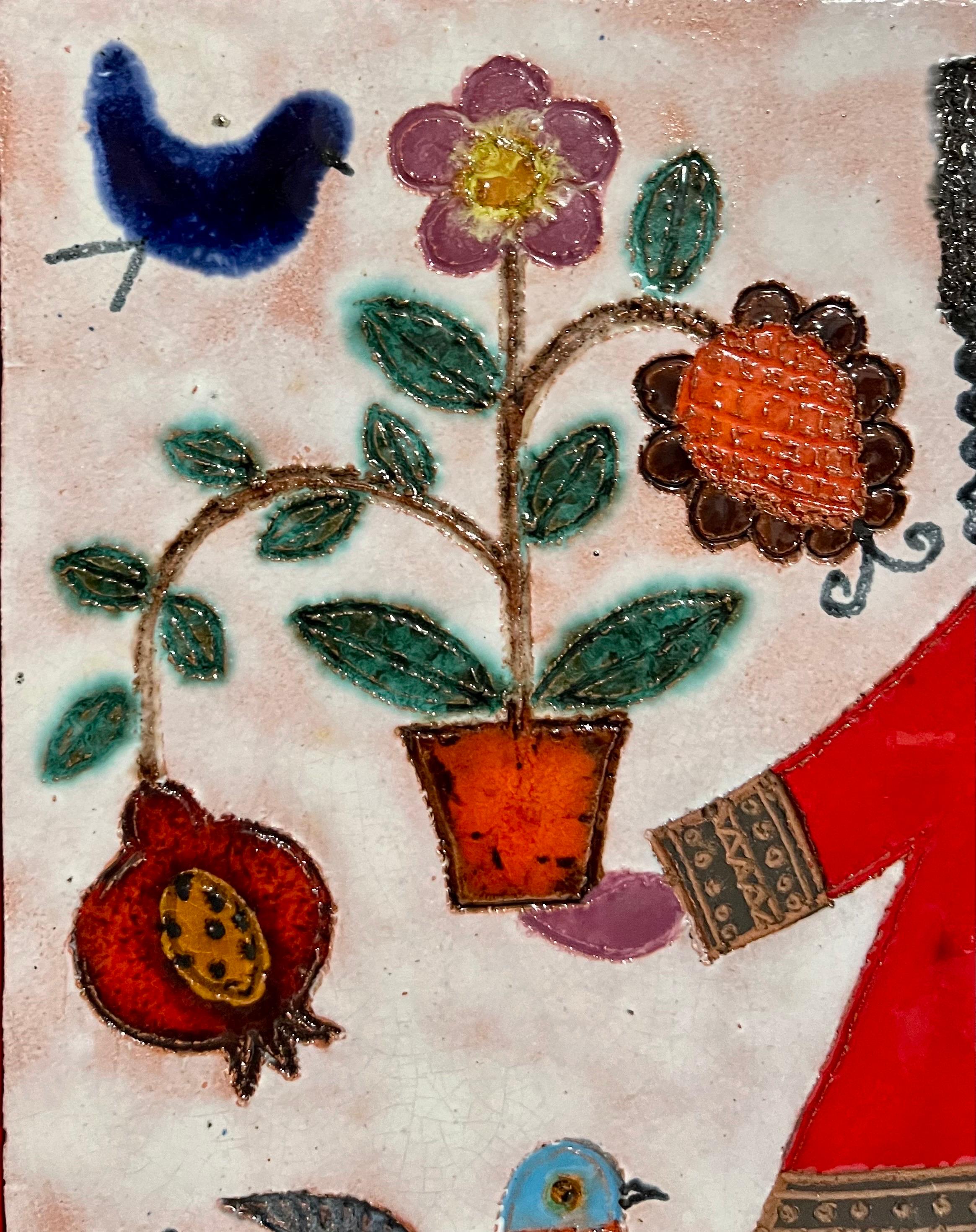 Plaque en céramique émaillée Girl & Plants de l'artiste israélien Awret Naive Folk Art - Marron Figurative Painting par Irene Awret