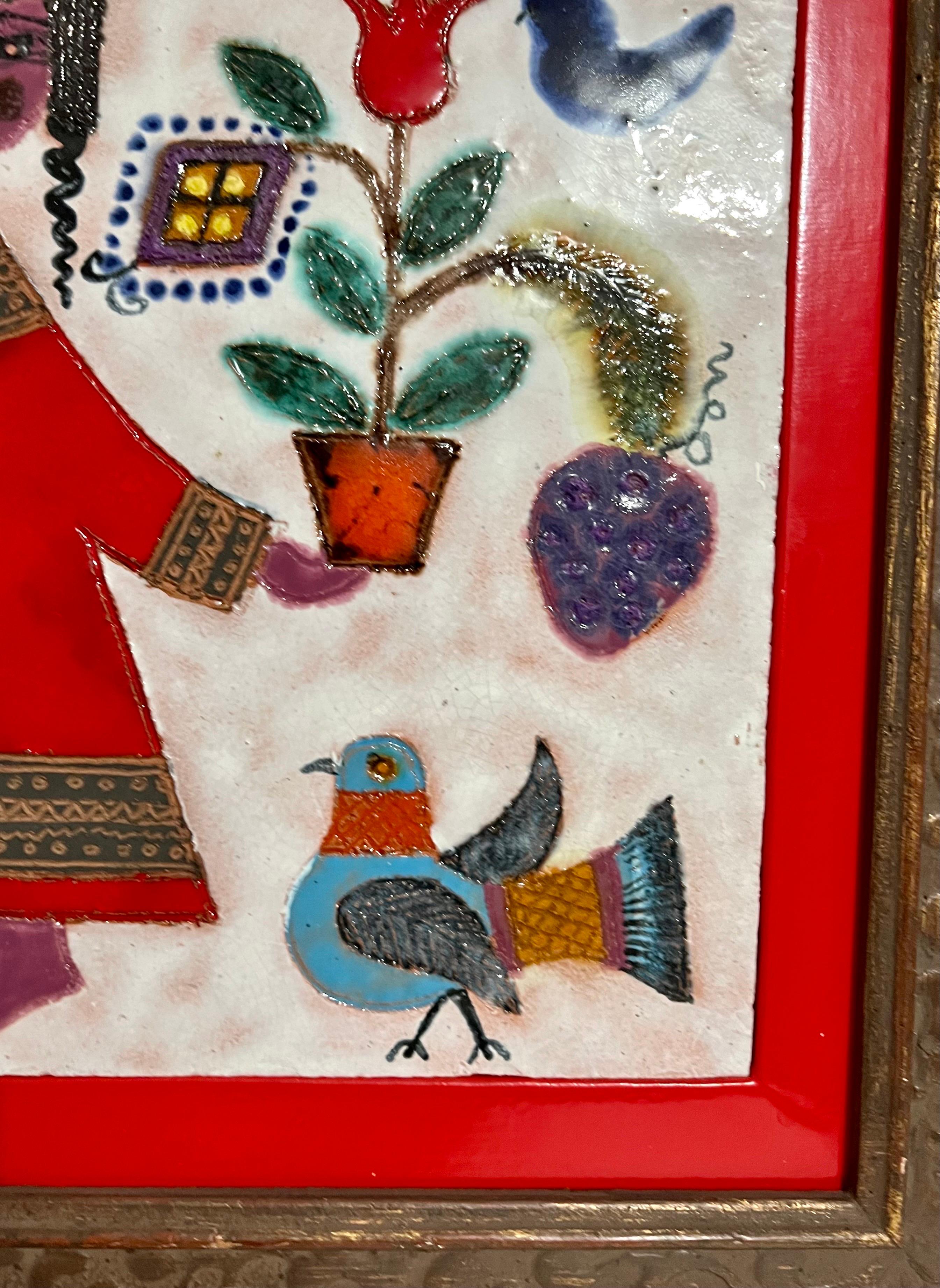 Plaque en céramique émaillée Girl & Plants de l'artiste israélien Awret Naive Folk Art en vente 1