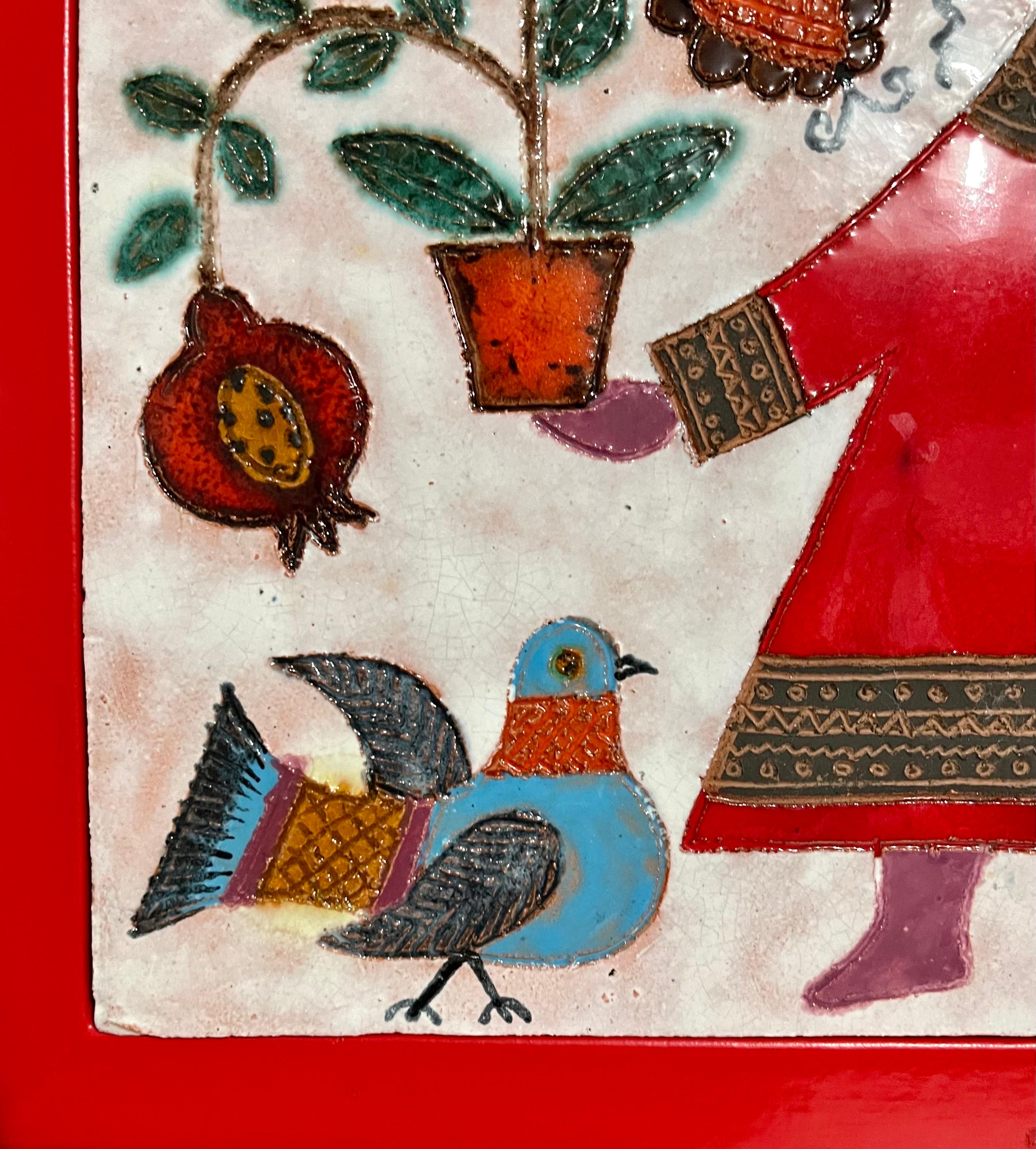 Girl & Plants Enamel Glazed Ceramic Plaque Israeli Artist Awret Naive Folk Art For Sale 2