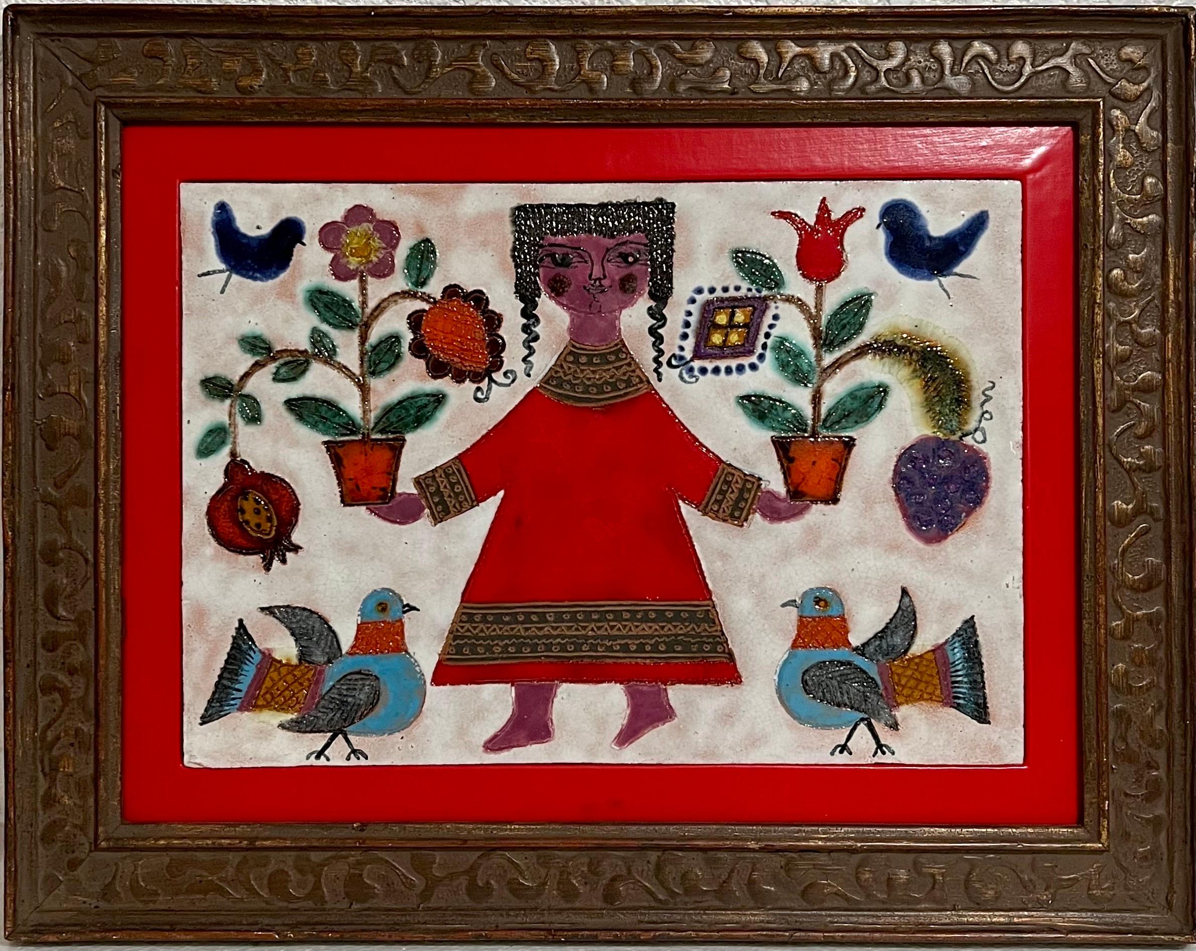 Figurative Painting Irene Awret - Plaque en céramique émaillée Girl & Plants de l'artiste israélien Awret Naive Folk Art