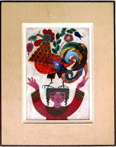 Vintage Girl & Rooster Enamel Glazed Ceramic Plaque Israeli Artist Awret Naive Folk Art