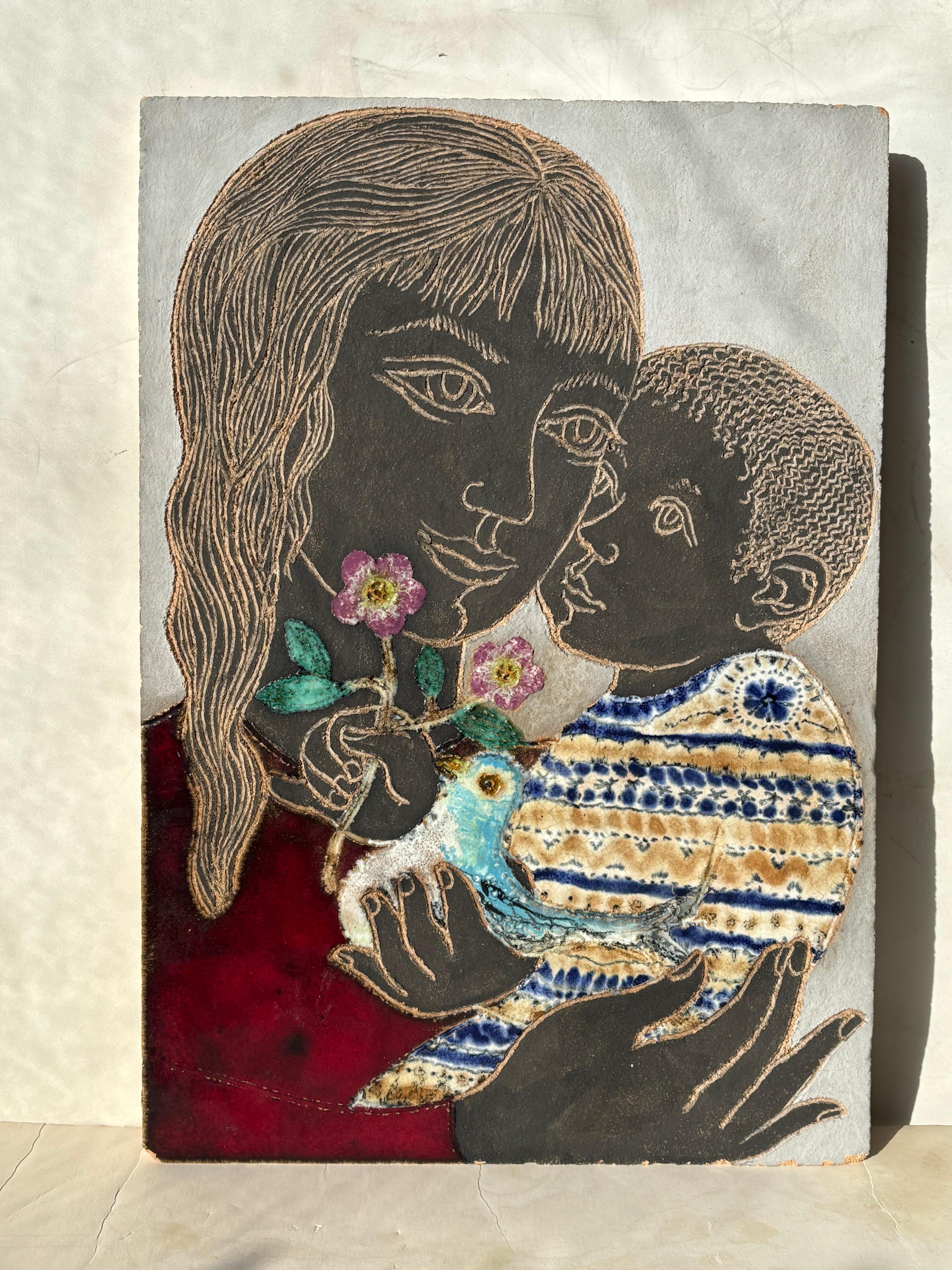 Irene Awret cerámica pintada en la pared / alfarería  baldosa , Israel . Hecho a mano en venta