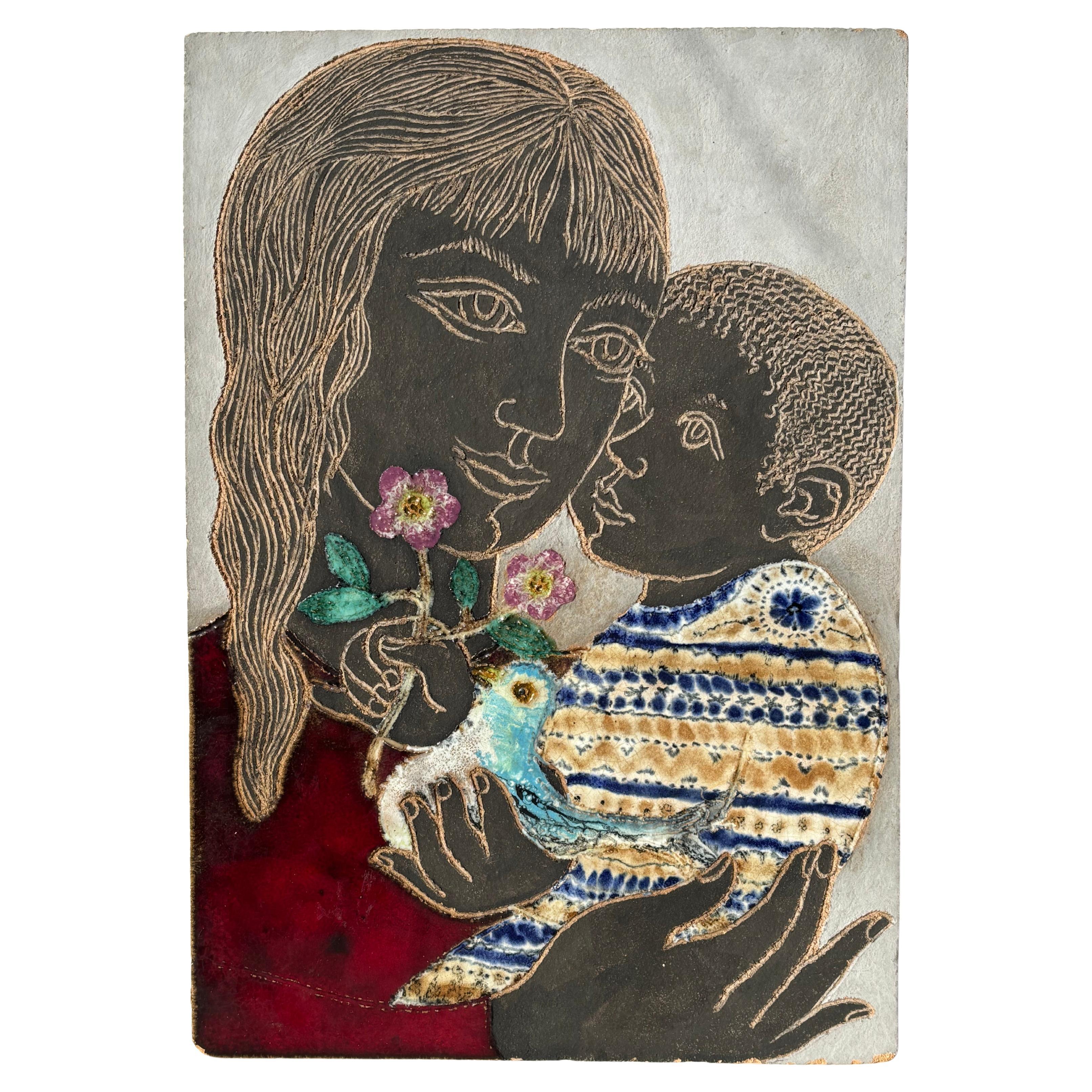Irene Awret wall painted ceramic / pottery  tile , Israel .