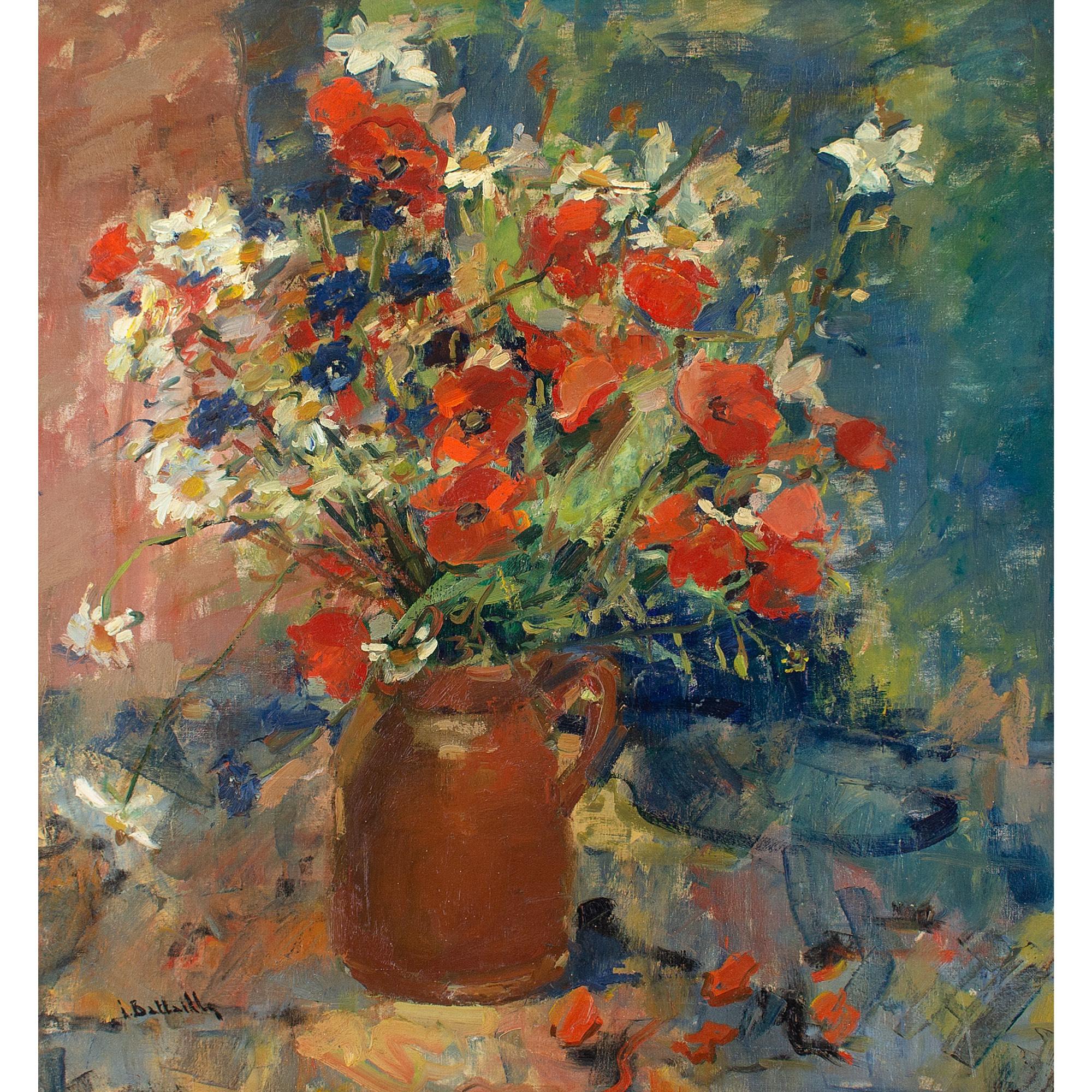 This mid-20th-century oil painting by Belgian artist Irène Bataille (1913-2012) depicts a vibrant arrangement of flowers, including poppies and daisies, and a brown stoneware jug. It’s a typically expressive composition, which is reminiscent of the