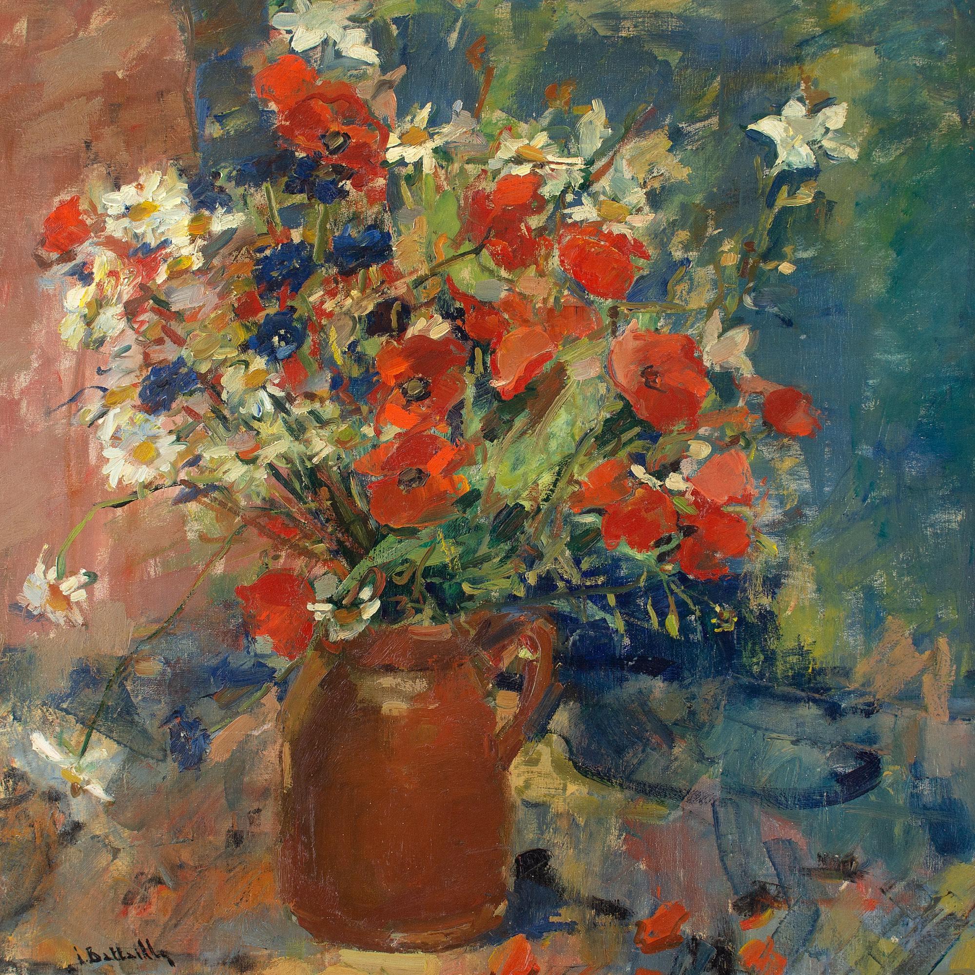 Irène Bataille, Still Life With Poppies & Daisies, Oil Painting 3