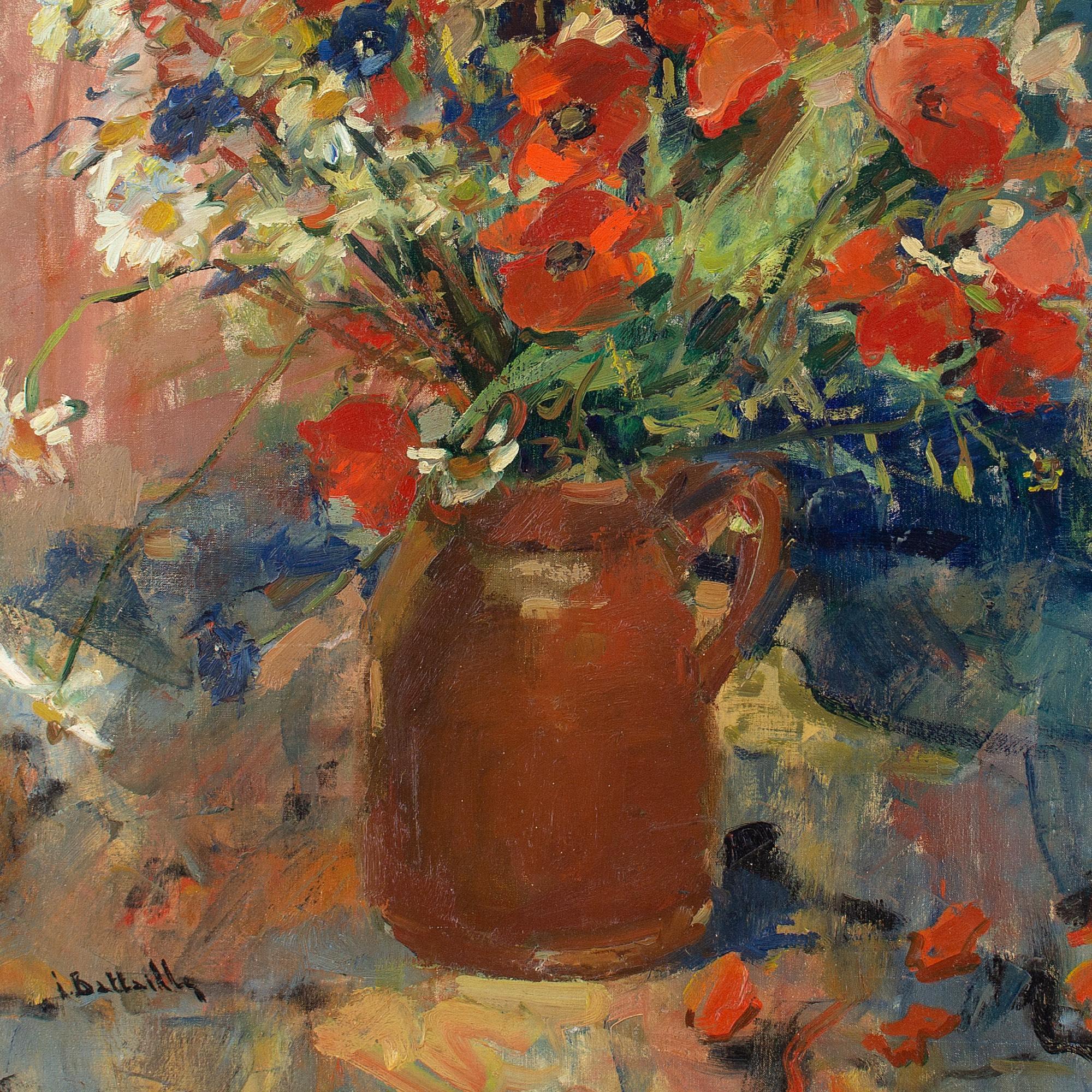Irène Bataille, Still Life With Poppies & Daisies, Oil Painting 6
