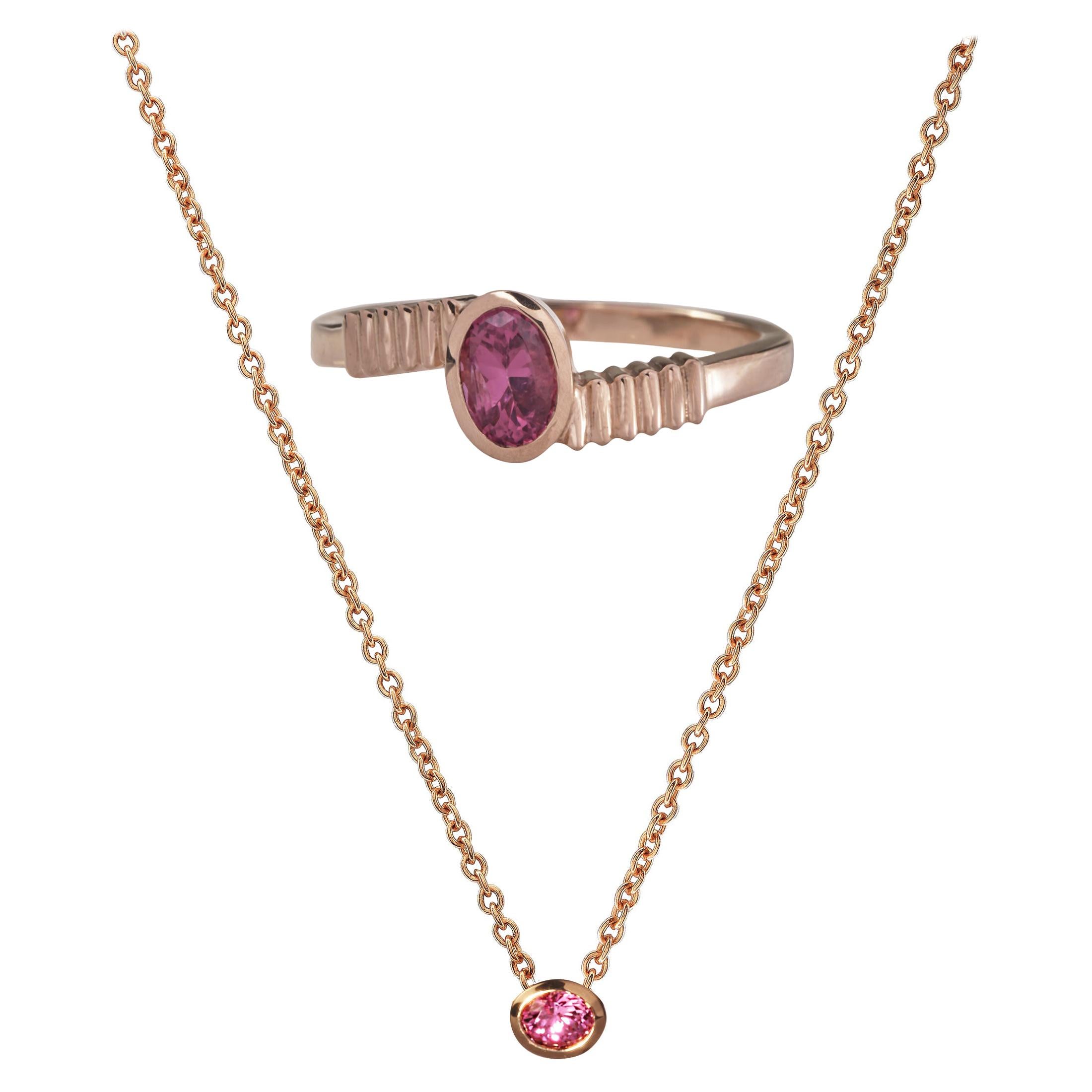Recycled 18 Karat Rose Gold Oval Cut Pink Sapphire Necklace and Ring Set For Sale