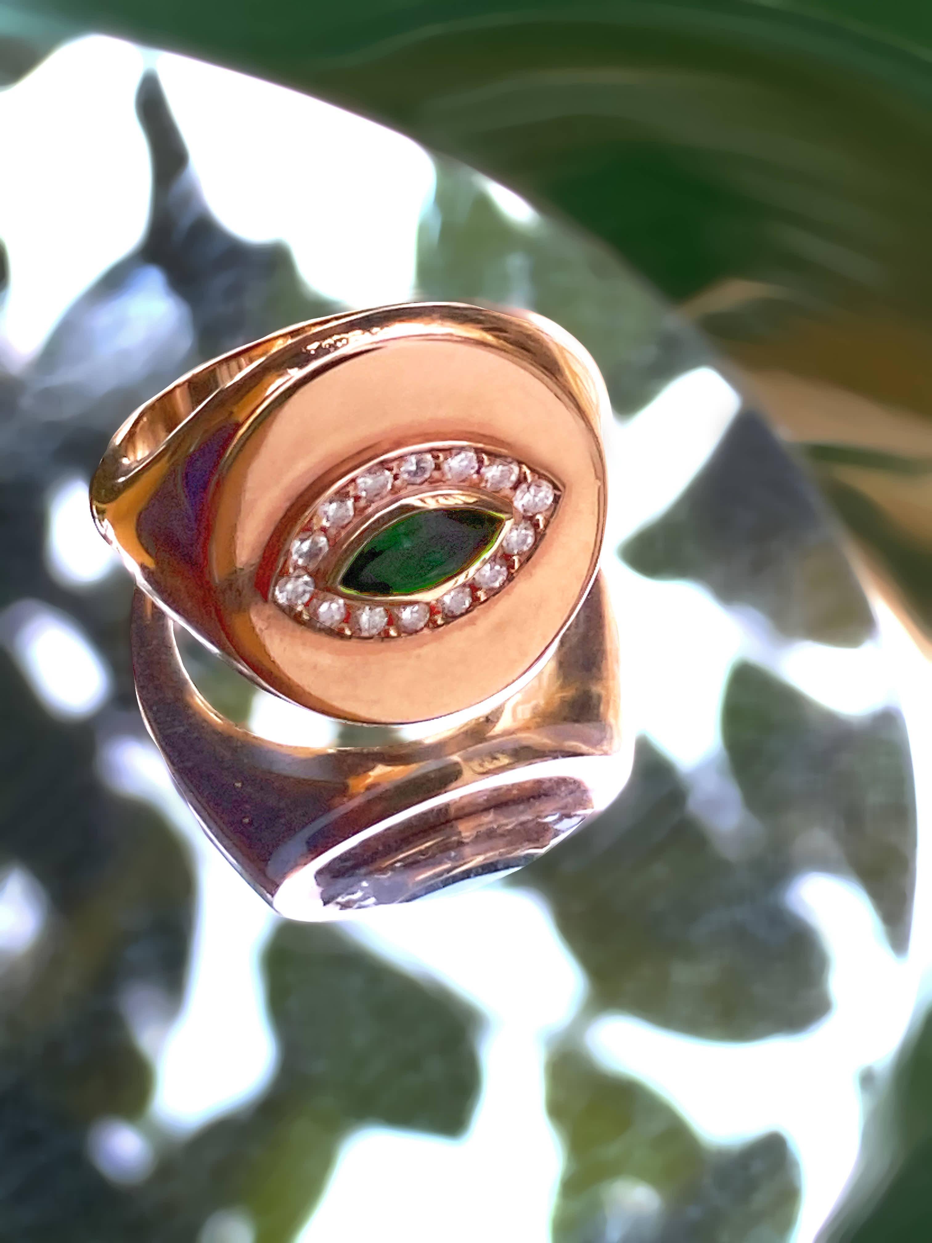 18 Karat Recycled Rose Gold, Green Tourmaline Marquise Cut and Diamond, Eye Ring For Sale 2