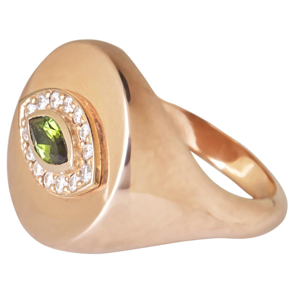 18 Karat Recycled Rose Gold, Green Tourmaline Marquise Cut and Diamond, Eye Ring In New Condition For Sale In Málaga, ES