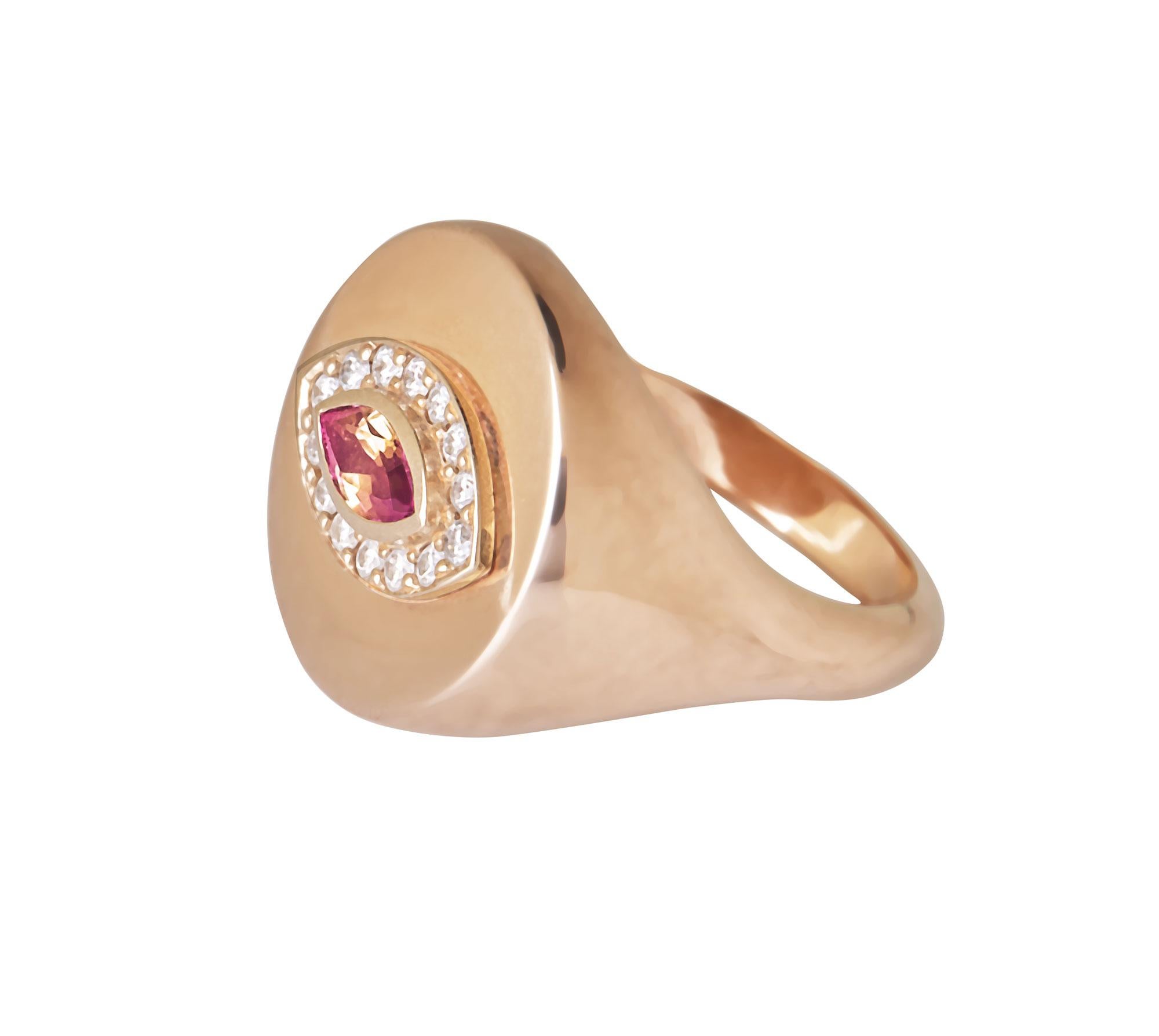 18 Karat Rose Gold, Pink Tourmaline Marquise Cut and Diamond, Eye Ring In New Condition For Sale In Málaga, ES