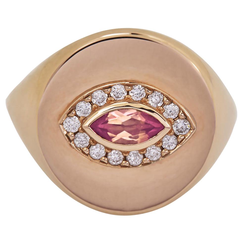 18 Karat Rose Gold, Pink Tourmaline Marquise Cut and Diamond, Eye Ring For Sale