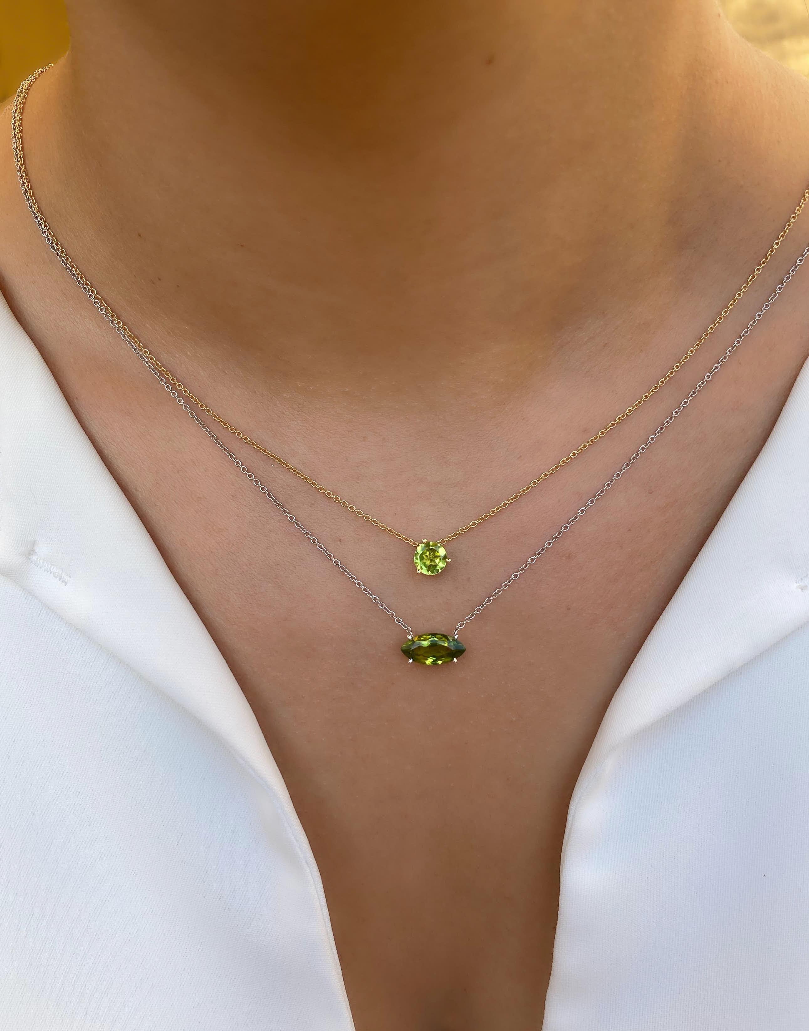 Contemporary 18 Karat White Gold with Peridot in Marquise Cut Necklace.Sustainable Fine Jewel For Sale