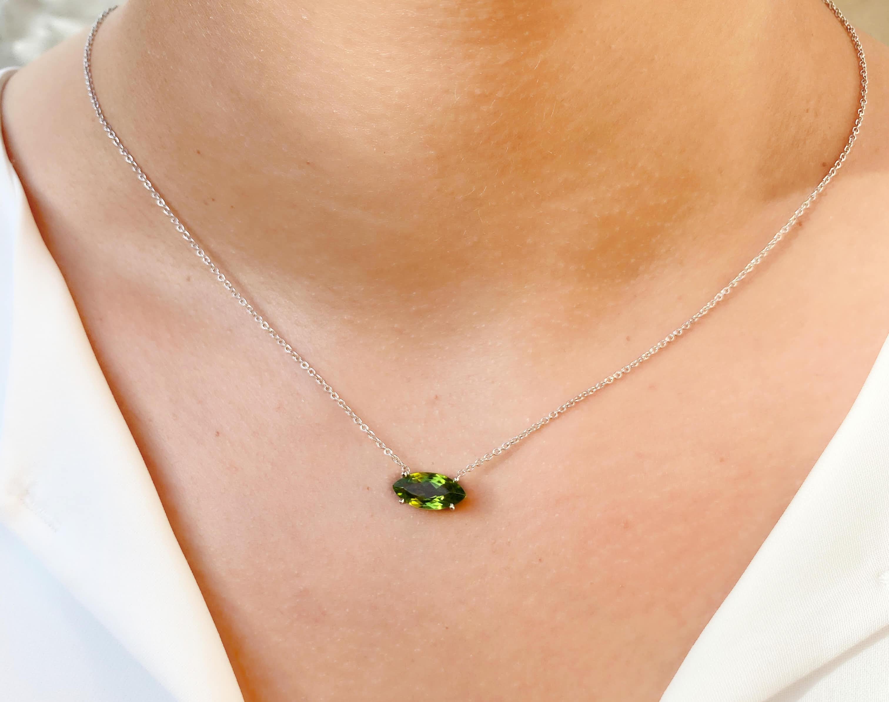 •	18 Karat Recycled White Gold 
•	42 cm chain with extension
•	Available color: White Gold
•	Peridot 12×6 mm marquise cut
•	Origin: Caparaó mine, Brazil
•	Hand-made in Spain
•	If you need any orders expedited, please contact 1stdibs and we will try