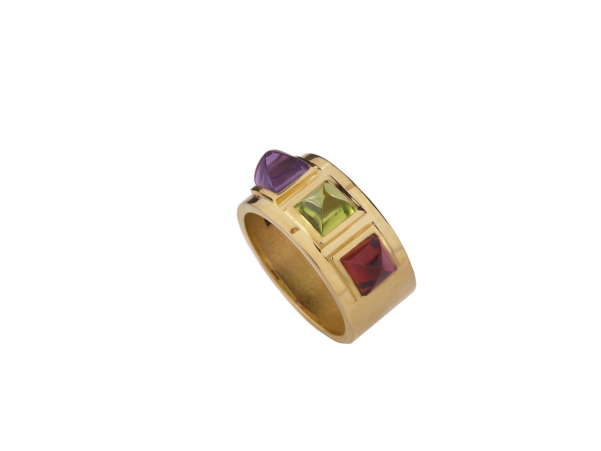 Contemporary 18 Karat Yellow Gold Piramidal Cut Stones BenBen Ring. Sustainable Fine Jewelry For Sale