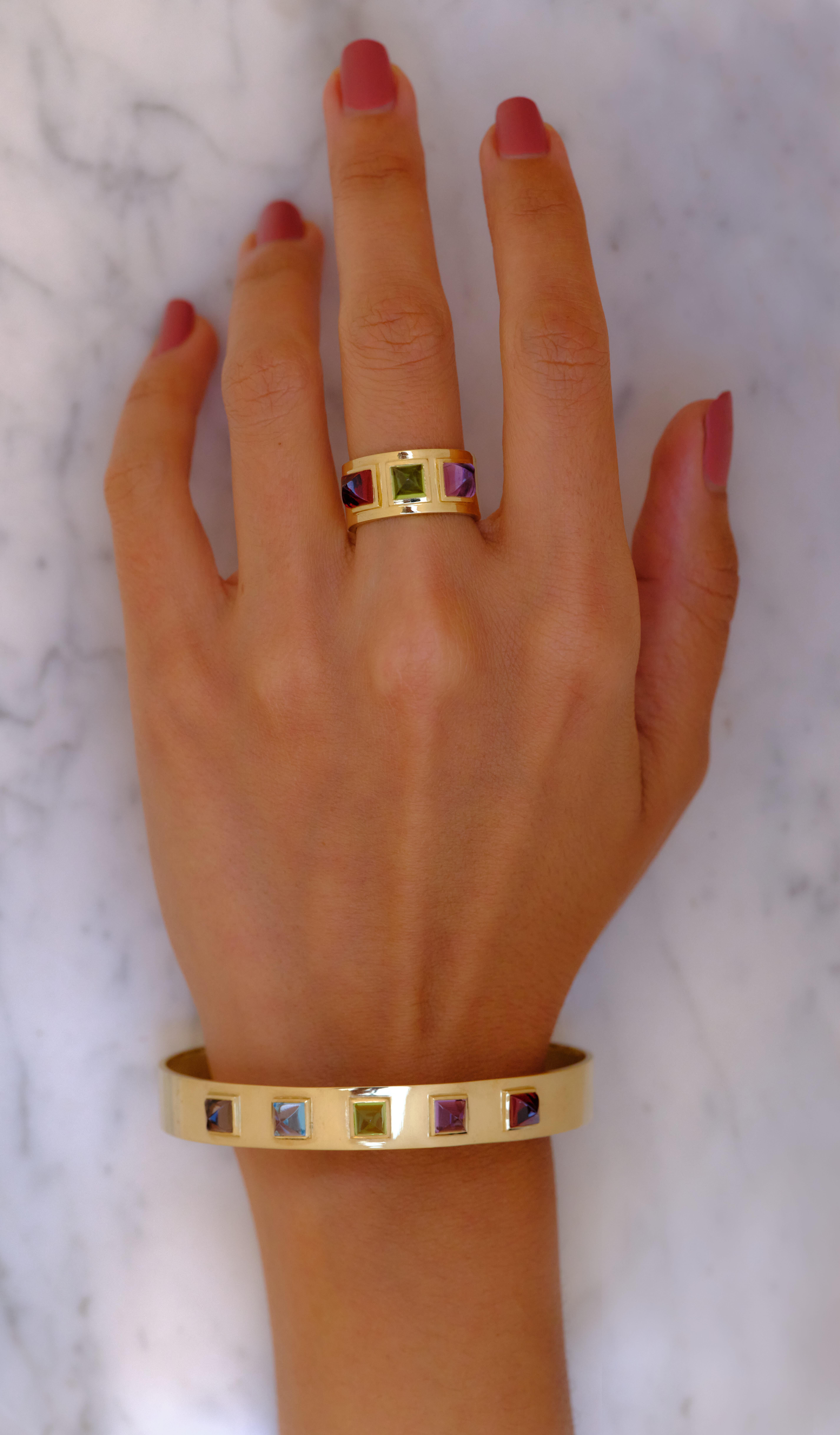 Square Cut 18 Karat Yellow Gold Piramidal Cut Stones BenBen Ring. Sustainable Fine Jewelry For Sale