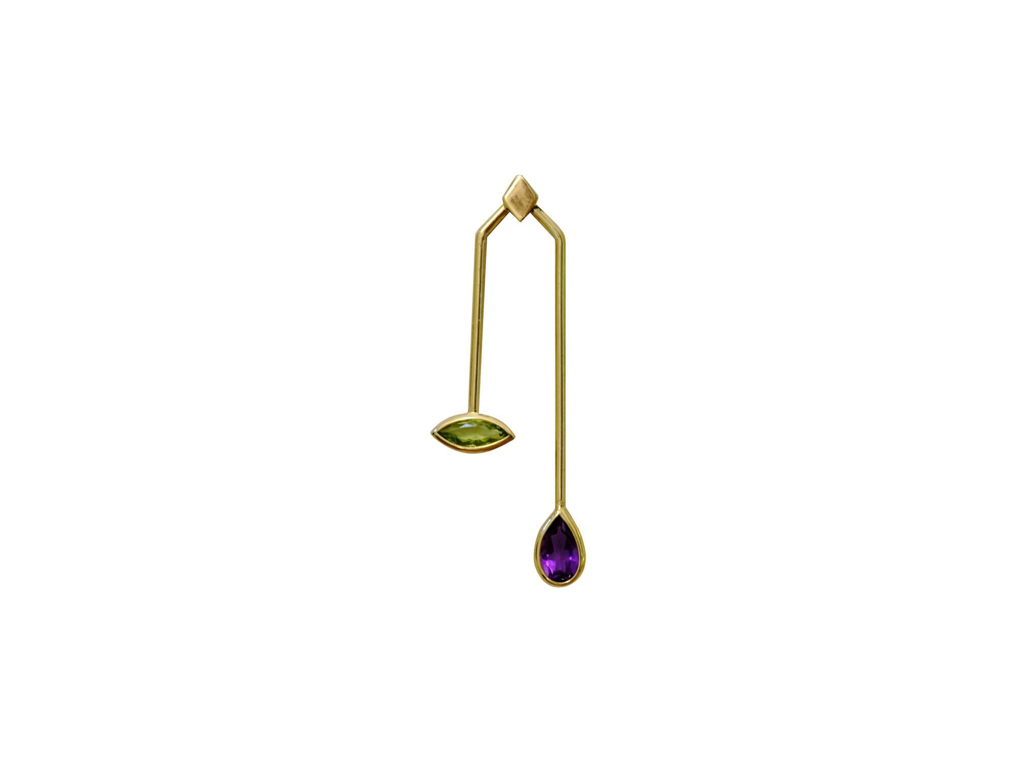 Marquise Cut 18 Karat Yellow Gold Peridot and Amethyst Malaka Earrings.Sustainable Fine Jewel For Sale
