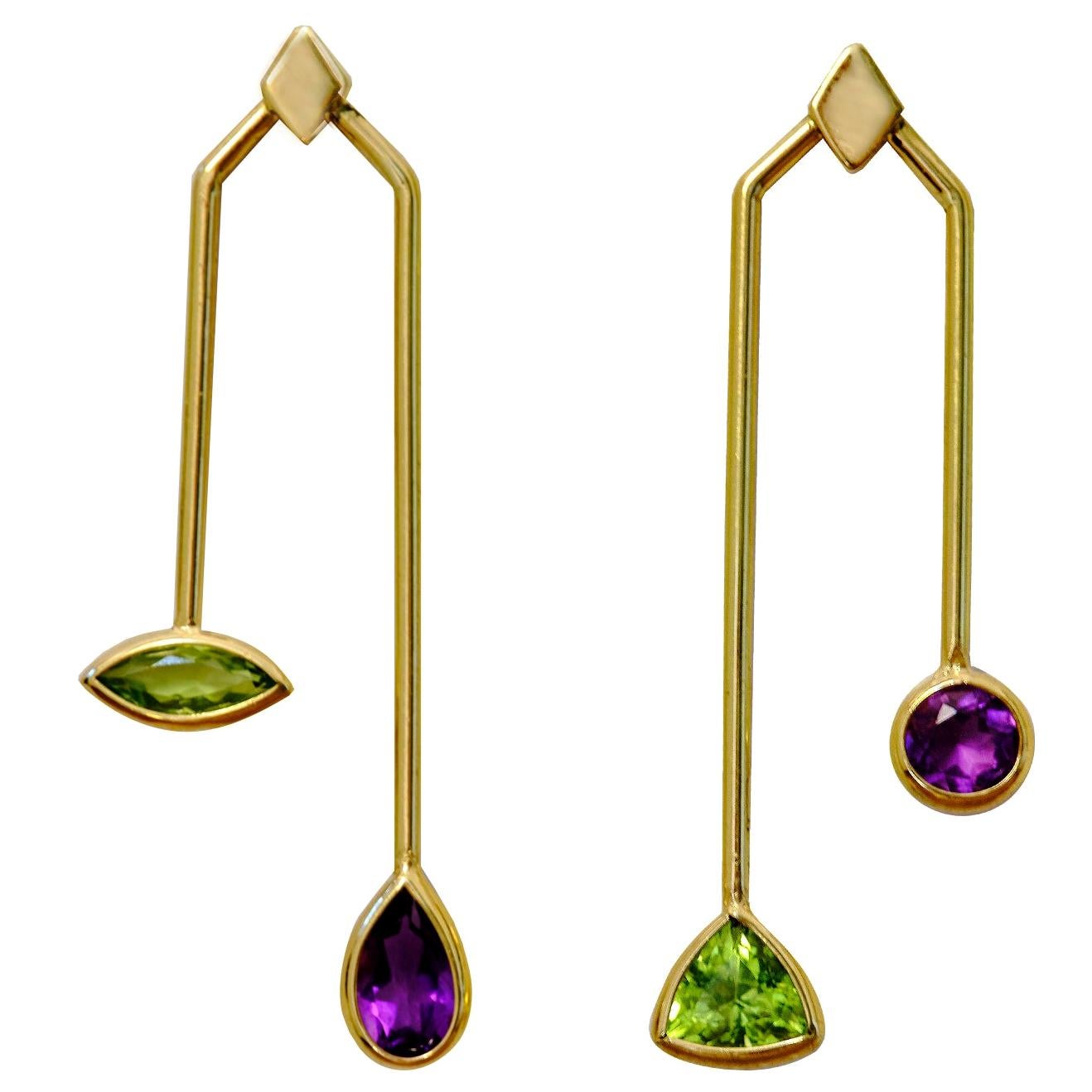 18 Karat Yellow Gold Peridot and Amethyst Malaka Earrings.Sustainable Fine Jewel For Sale
