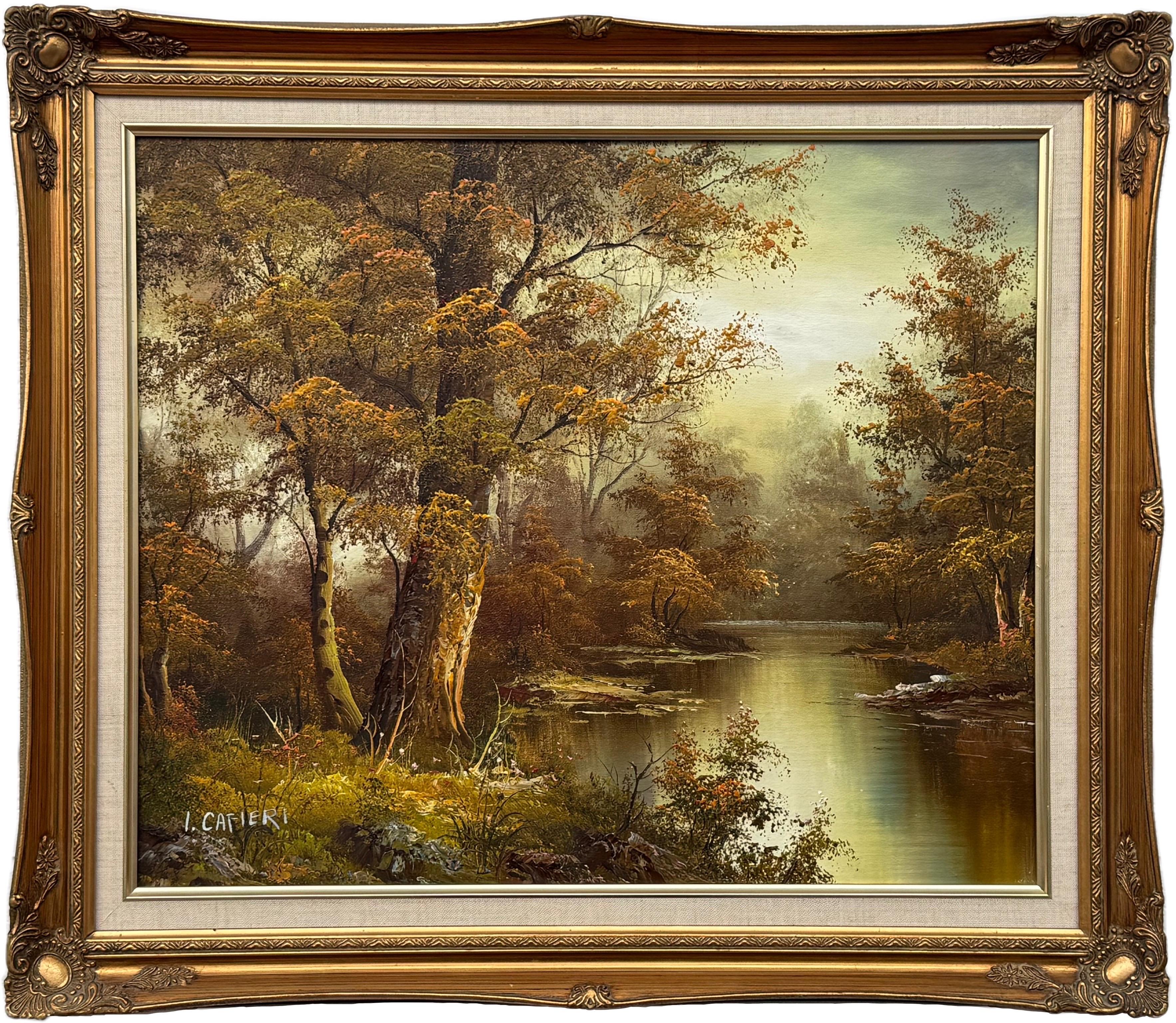Escena de paisaje lacustre en el bosque titulada "Serenidad dorada" por un artista del siglo XX