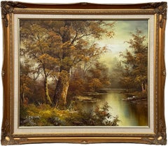 Scène de paysage de lac intitulée Golden Serenity par l'artiste du 20e siècle